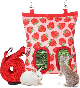 Rabbit Hay Feeder, 2 Hole Hanging Hay Bag for Rabbits Guinea Pig Bunny Chinchillas Washable Rabbit Hay Holder 11x9.8inch