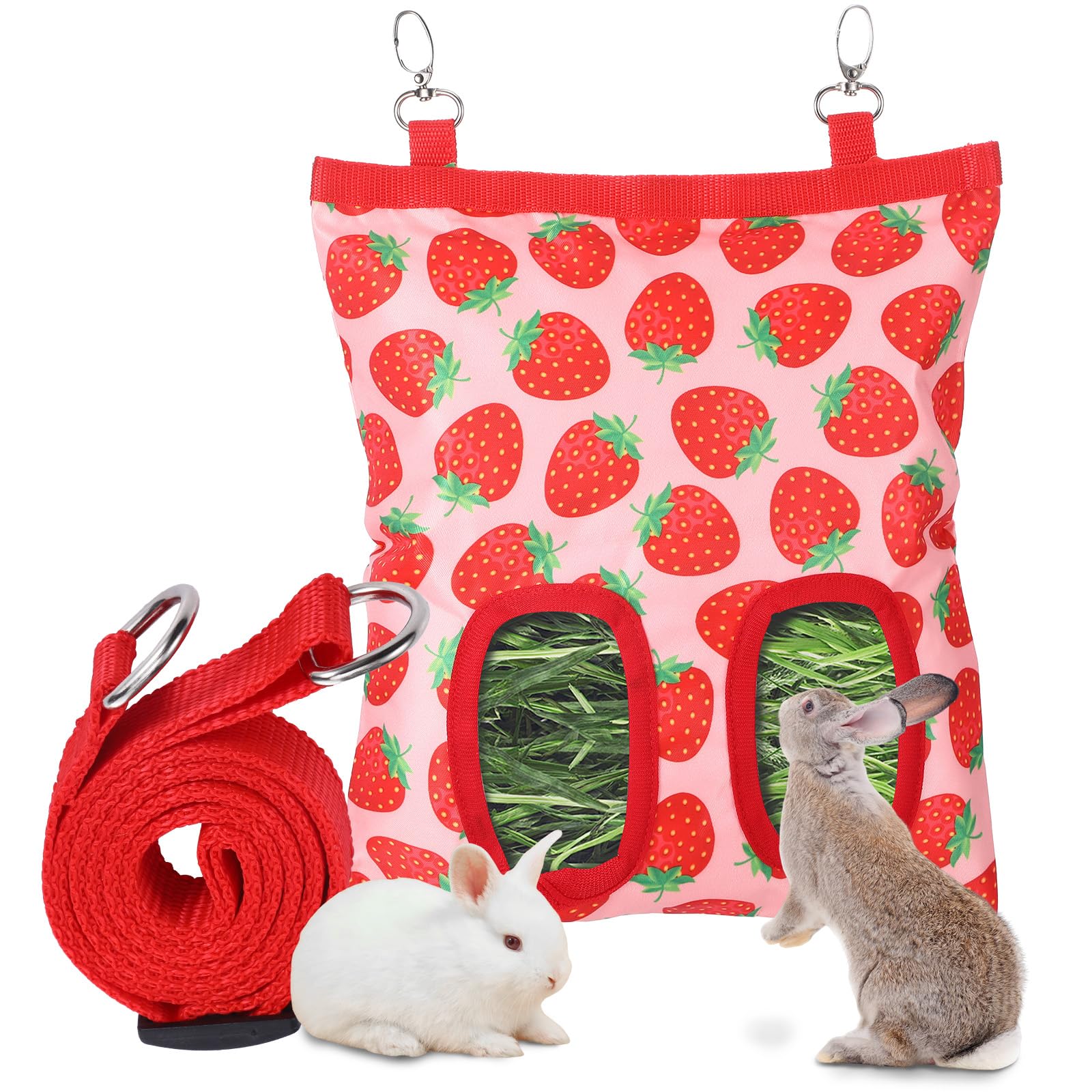 Rabbit Hay Feeder, 2 Hole Hanging Hay Bag for Rabbits Guinea Pig Bunny Chinchillas Washable Rabbit Hay Holder 11x9.8inch