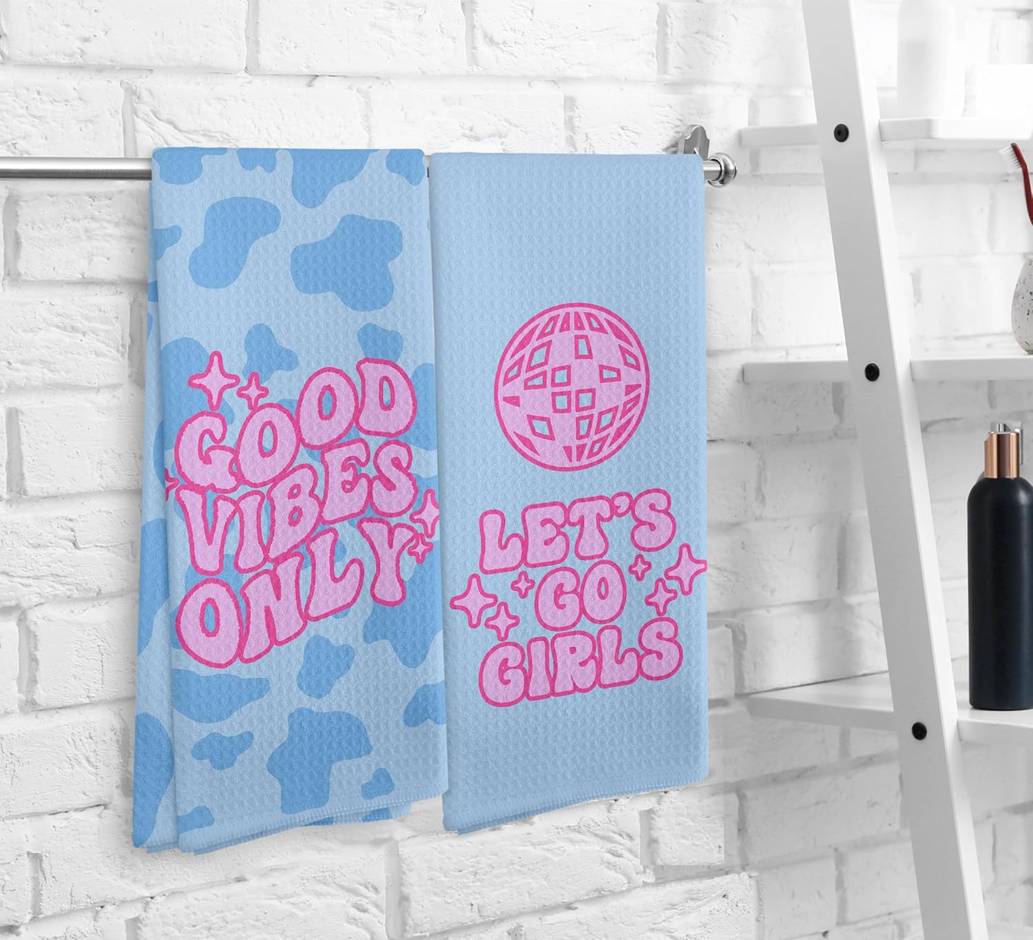 Blue Pink Let's Go Girls Kitchen Towels and Dishcloths Set of 2, Preppy Kitchen Towels, Disco Ball Leopard Print Drying Cloth Hand Towels for Girls Dorm Bathroom Kitchen Decor, 16×24 Inches - Image 6