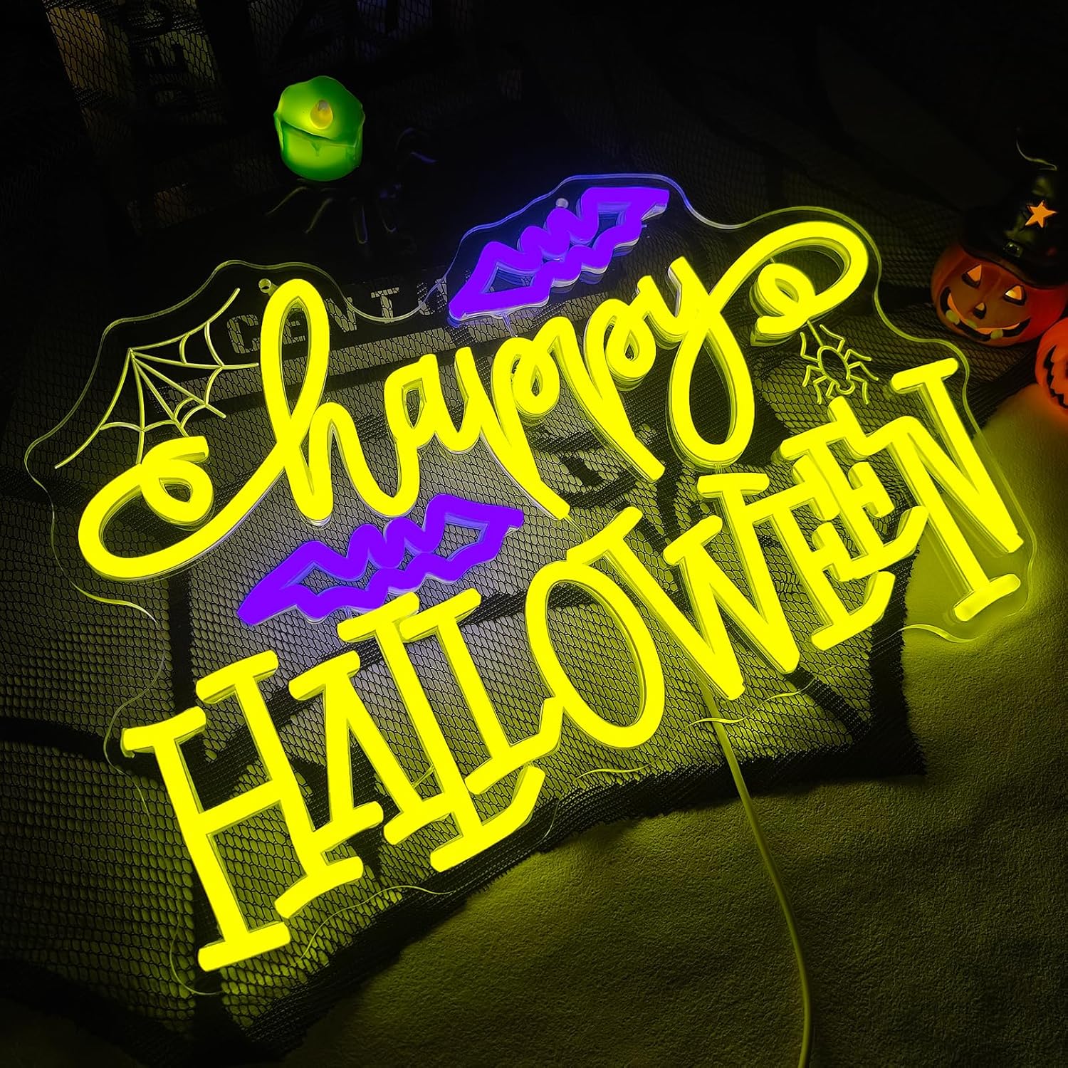Happy Halloween Neon Sign Bat Neon Light for Wall Decor Dimmable LED Bat Light for Bedroom Living Room Bar Man Cave Halloween Party Decor Gift