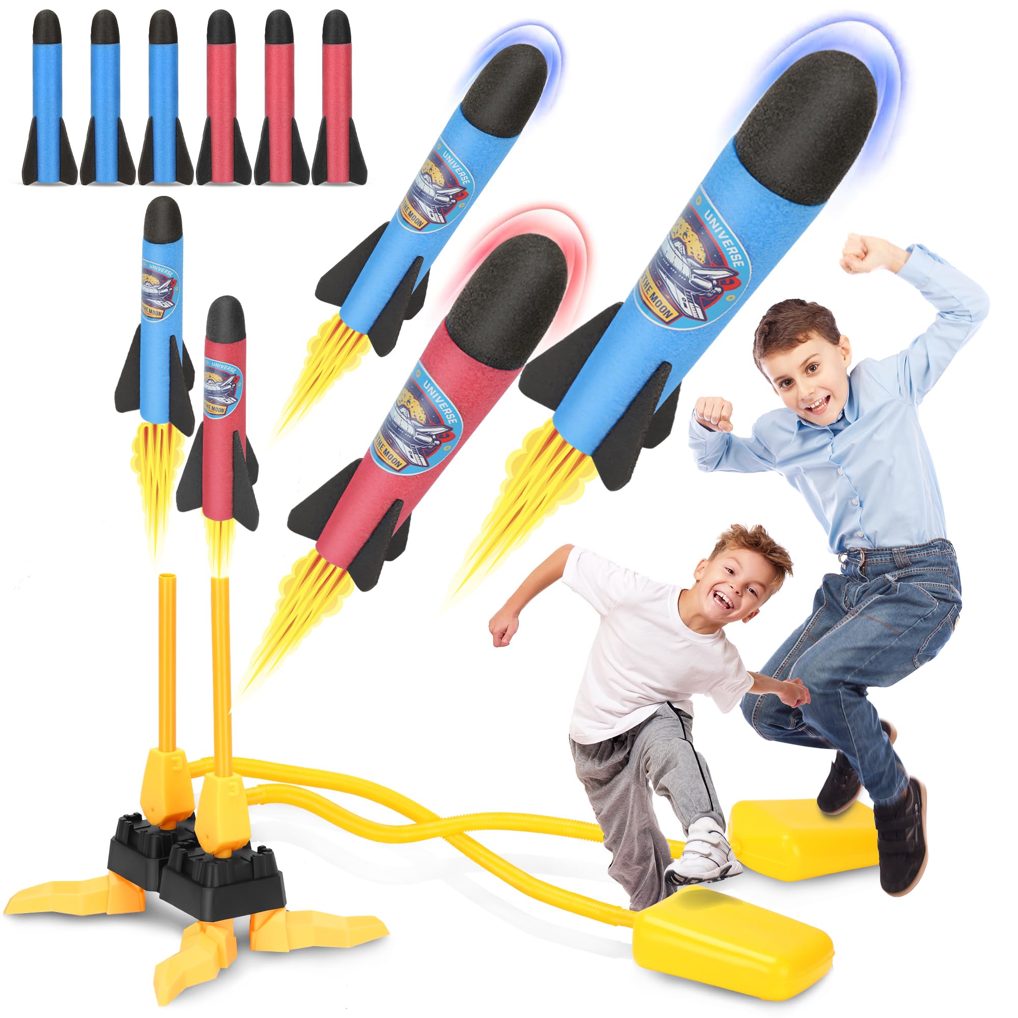 Lot de 6 lanceurs de fusées en mousse à double joueur, jouet de fusée de jardin pour enfants 3-4 ans