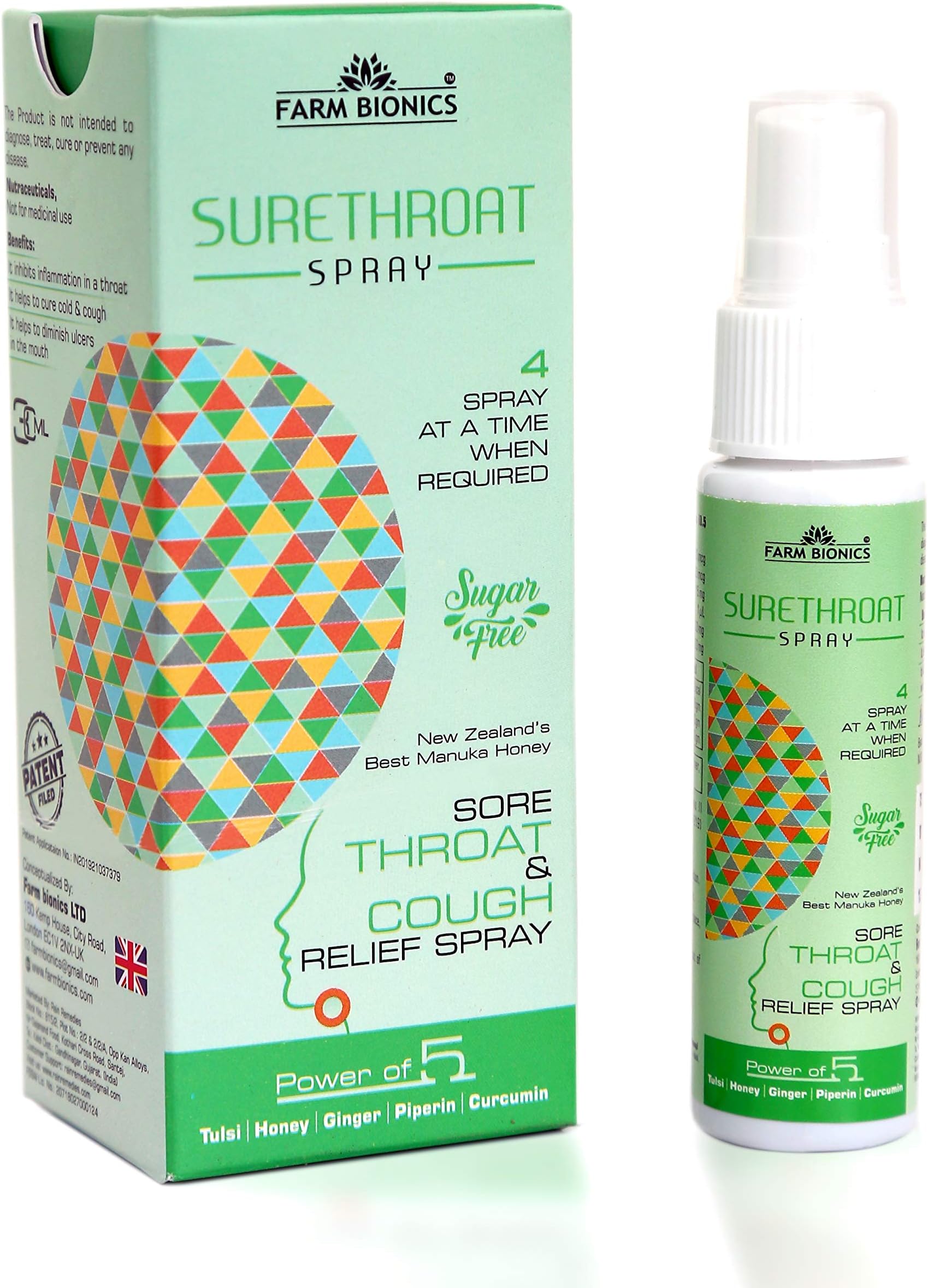 Sure throat (Ginger Honey Tulsi Curcumin Piperine) Spray For Cough, Cold and Flu - Pack of 2