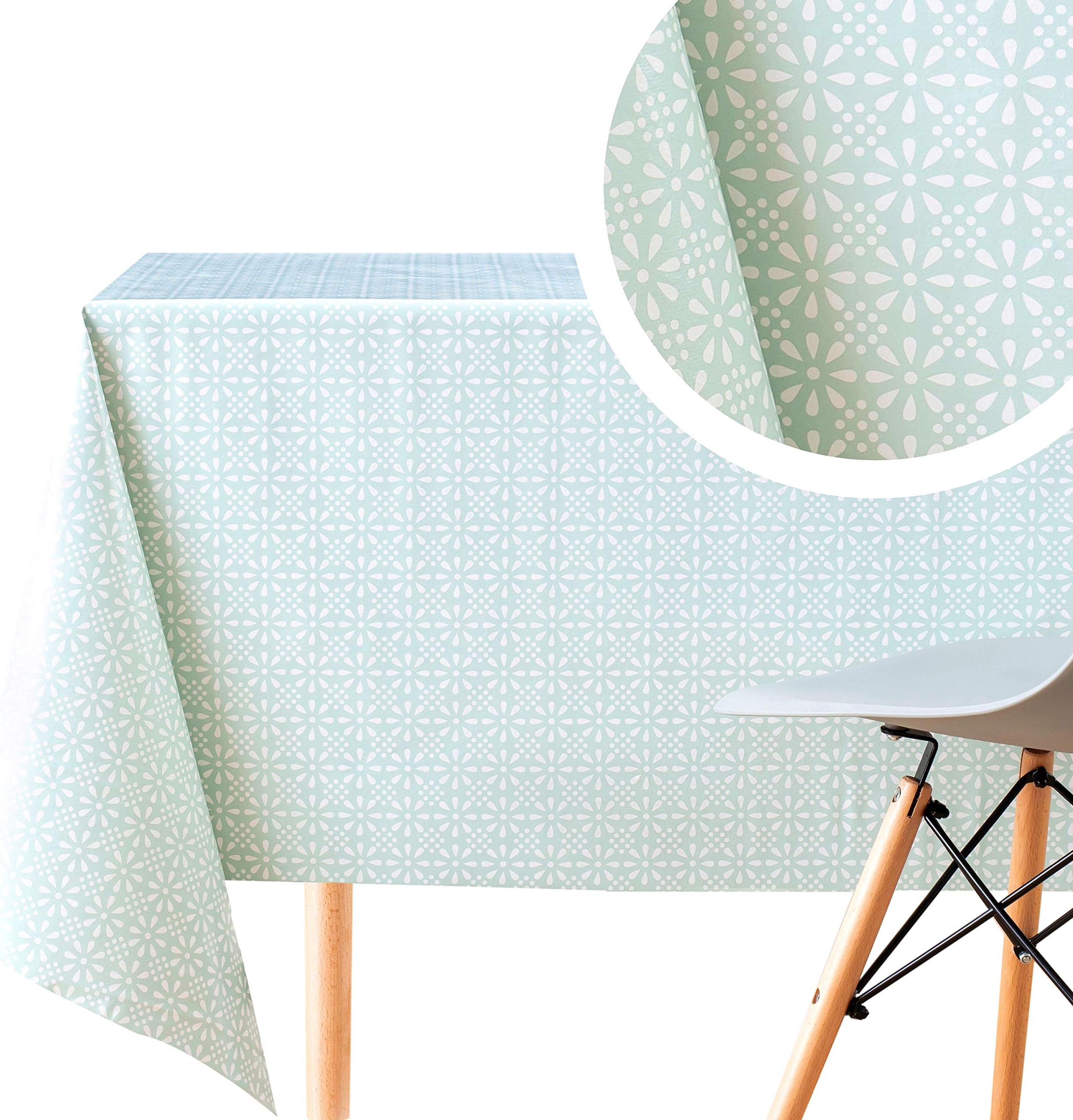 KP HOME PVC Wipe Clean Table Cloth Rectangular 250x140 cm / 98x55 In - Wipeable Tablecloth up to 8 Seats - Waterproof Vinyl Oilcloth Geometric with Floral Pattern in Duck Egg Blue Tone