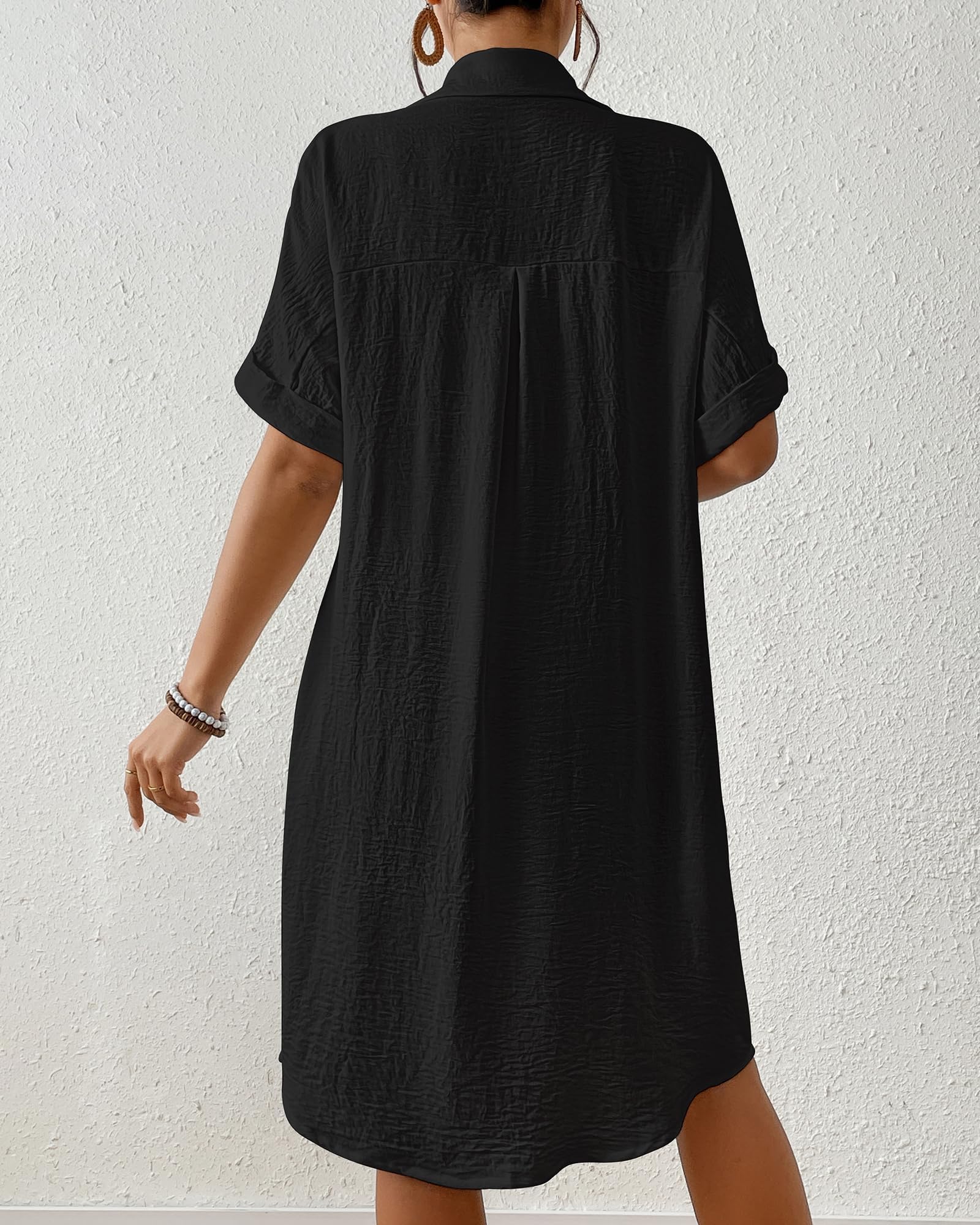 Bsubseach Vestido camisero de playa hasta la rodilla para mujer, con bolsillos, Negro, Large