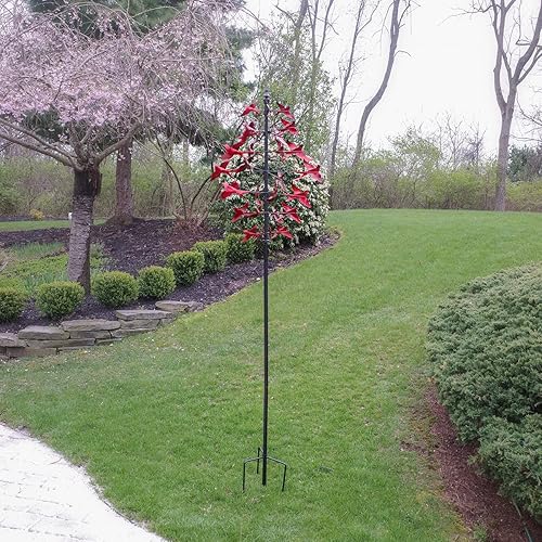 Miniatura 3 de Treasure Gurus - Molinillo de viento de metal cardenal rojo grande, escultura de pájaro en 3D, decoración cinética para jardín, patio, decoración de