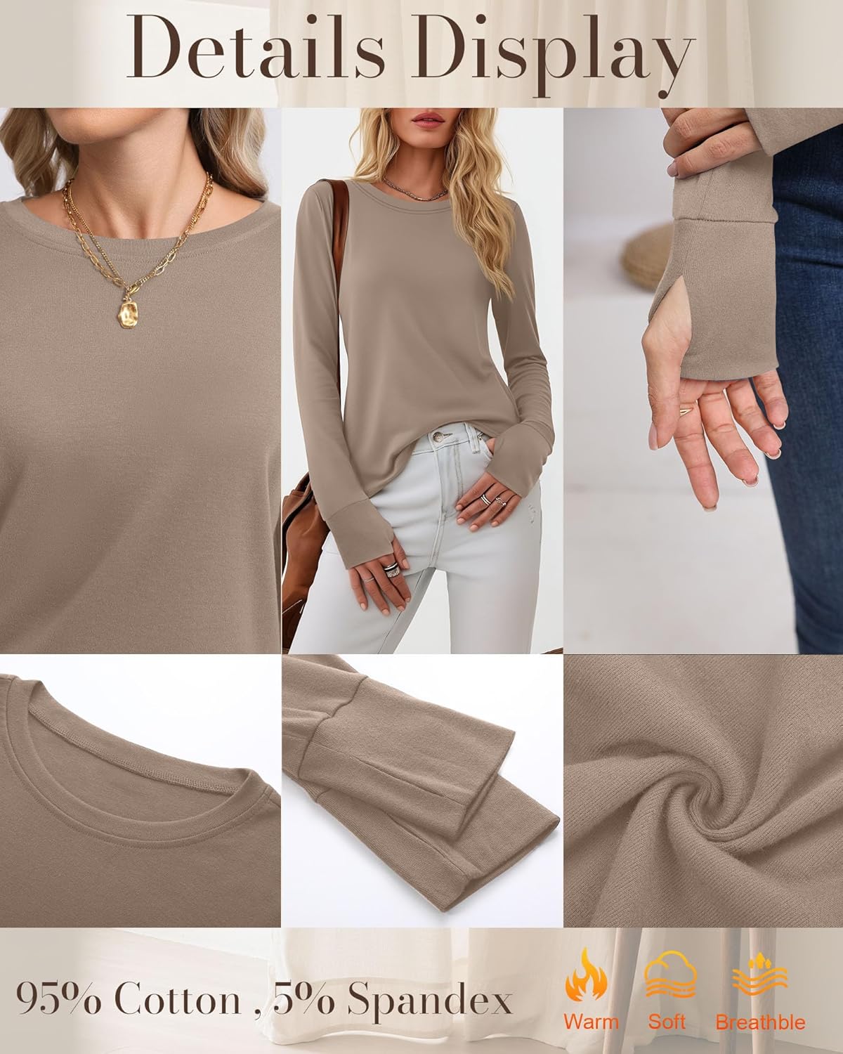 Huukeay 3 Pack Women's Long Sleeve Shirts with Thumb Holes, Cotton Casual Crew Neck Tunic Tops Fall Loose Y2k Trendy Outfits - Image 5