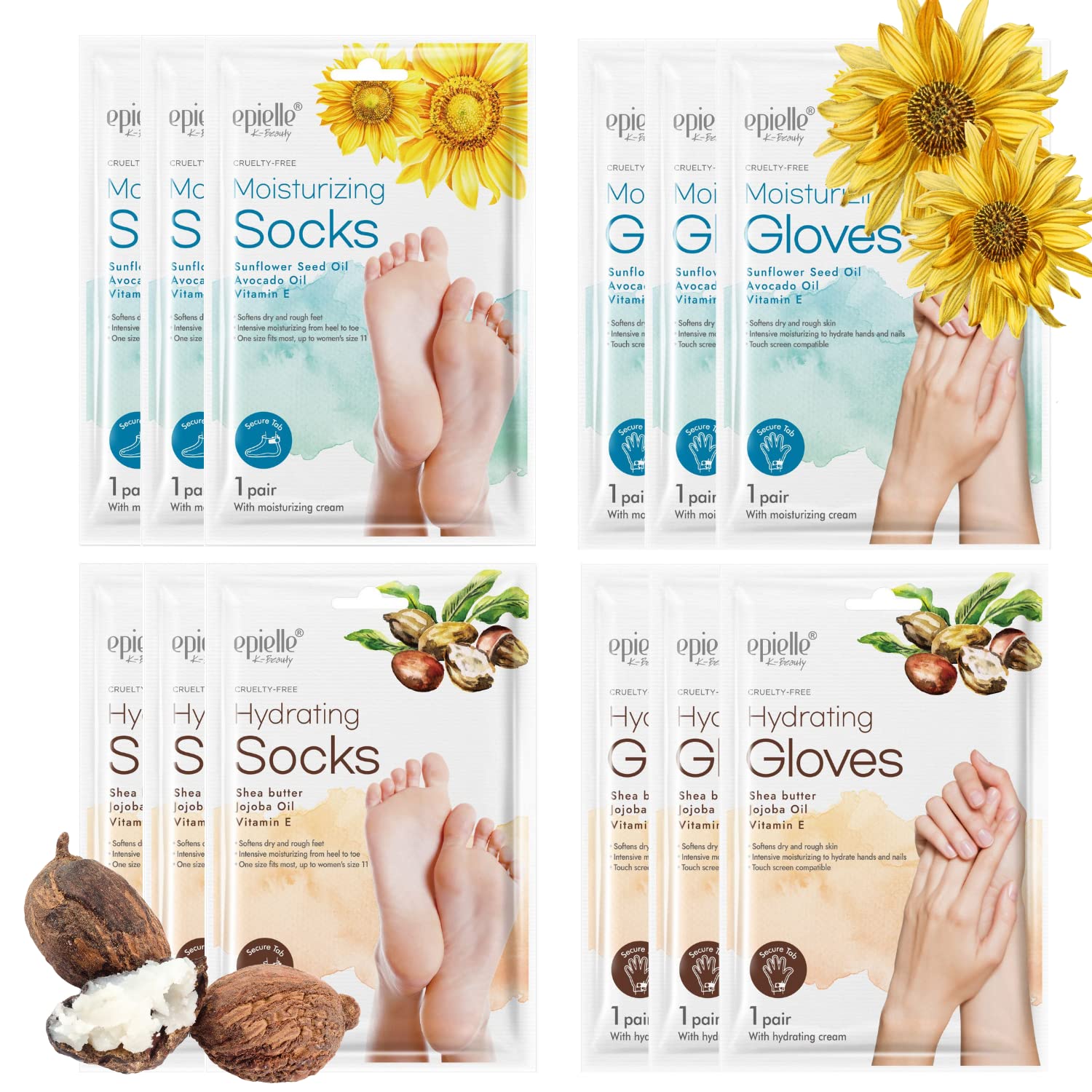 Epielle Hydrating & Moisturizing Hand & Foot Masks, Relieve and Soften Dry, Rough Skin, Self Care Gifts for Women, Spa Kit, Easter Basket Stuffers, 6 Moisturizing Gloves & 6 Moisturizing Socks