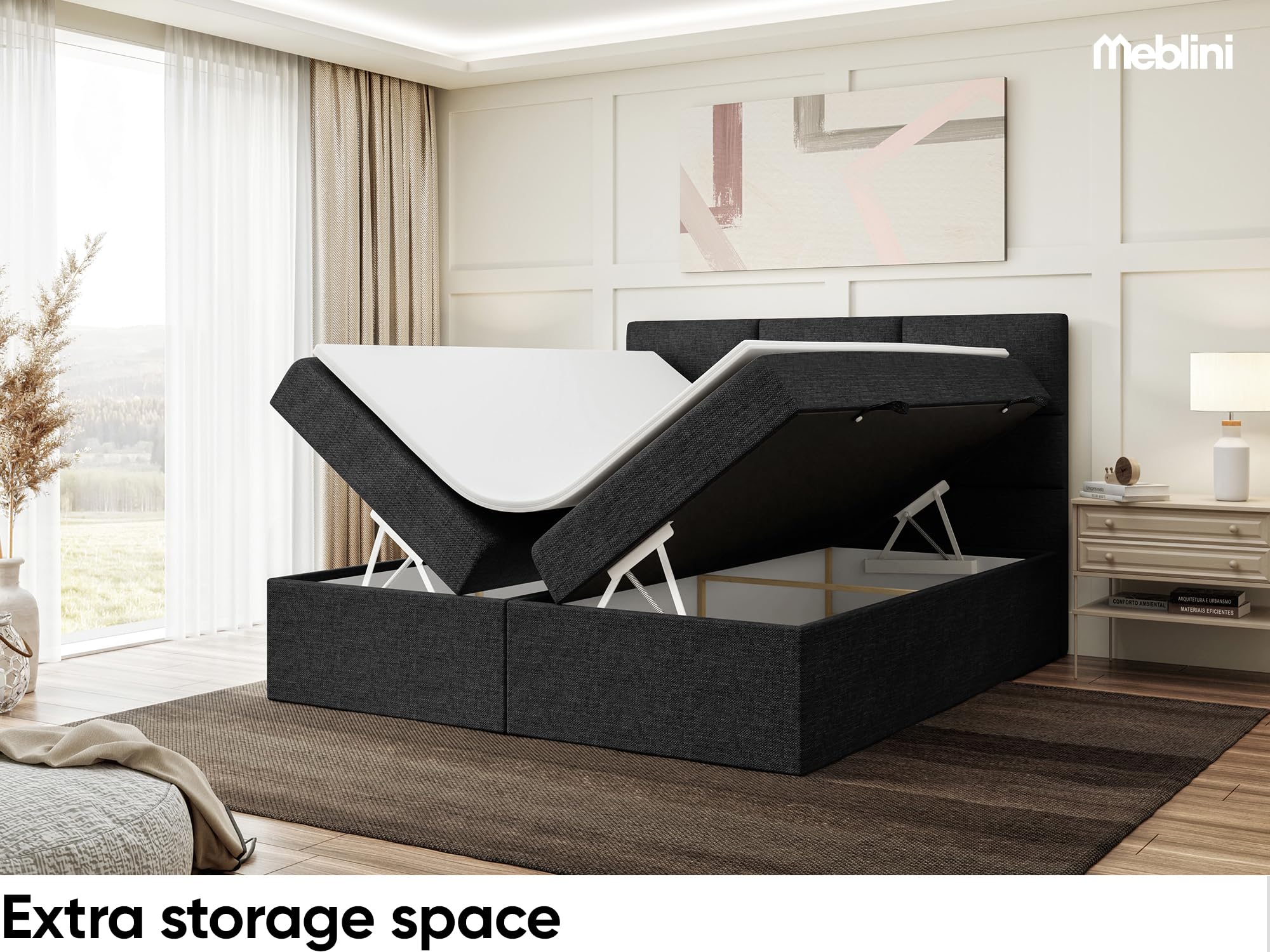 MEBLINI Boxspringbett mit Bettkasten - 200x200 - Gepolstert Doppelbett mit Matratze und Topper - Polsterbett mit Stauraum - Bett ohne Kopfteil - Stauraumbett - KYLIAN - H4/Schwarz Webstoff