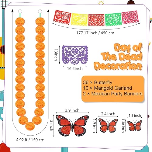 Miniatura 2 de Juego de 338 piezas de decoración del Día de los Muertos, 300 flores artificiales de caléndula 10 unidades, guirnalda de caléndula artificial de 5