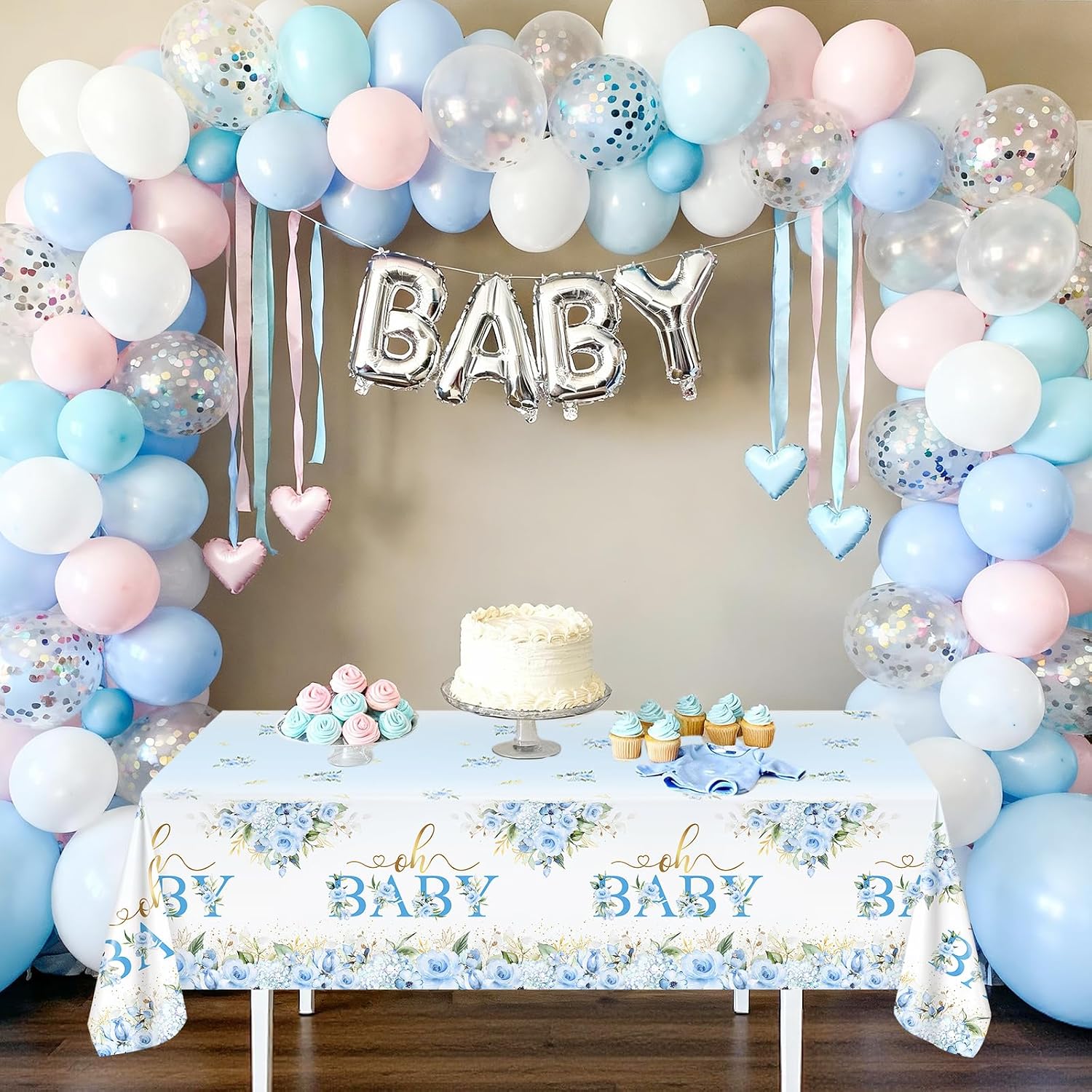 Avezano 3 pcs Baby Shower Tablecloth Blue Floral Oh Baby Tablecloths Plastic Disposable 108 x 54 Boy Shower Party Decorations