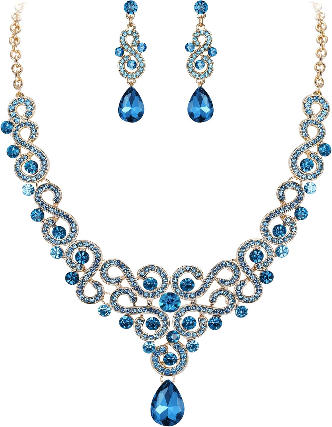 EVER FAITH Women's Austrian Crystal Art Deco Bridal Floral Wave S-Shaped Teardrop Necklace Earrings Set