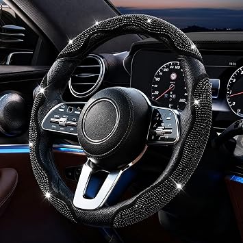 LYCARESUN 3PCS Segmented Bling Diamond Car Steering Wheel CoverBlack