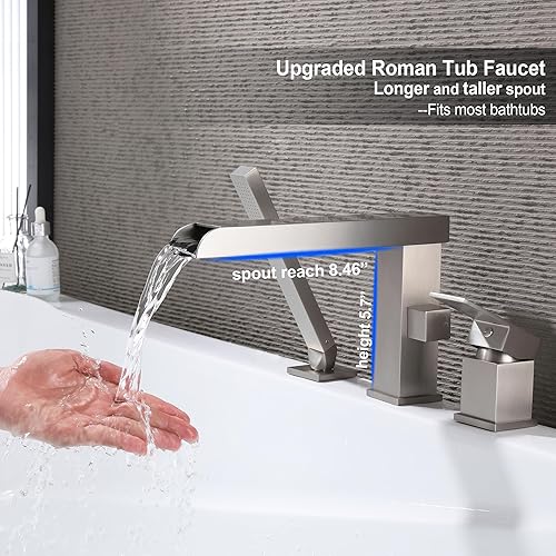 Vista 24 de Grifo de bañera romana en cascada con ducha de mano, grifo de bañera negro mate, 3 agujeros, relleno de bañera generalizado, montaje en cubierta