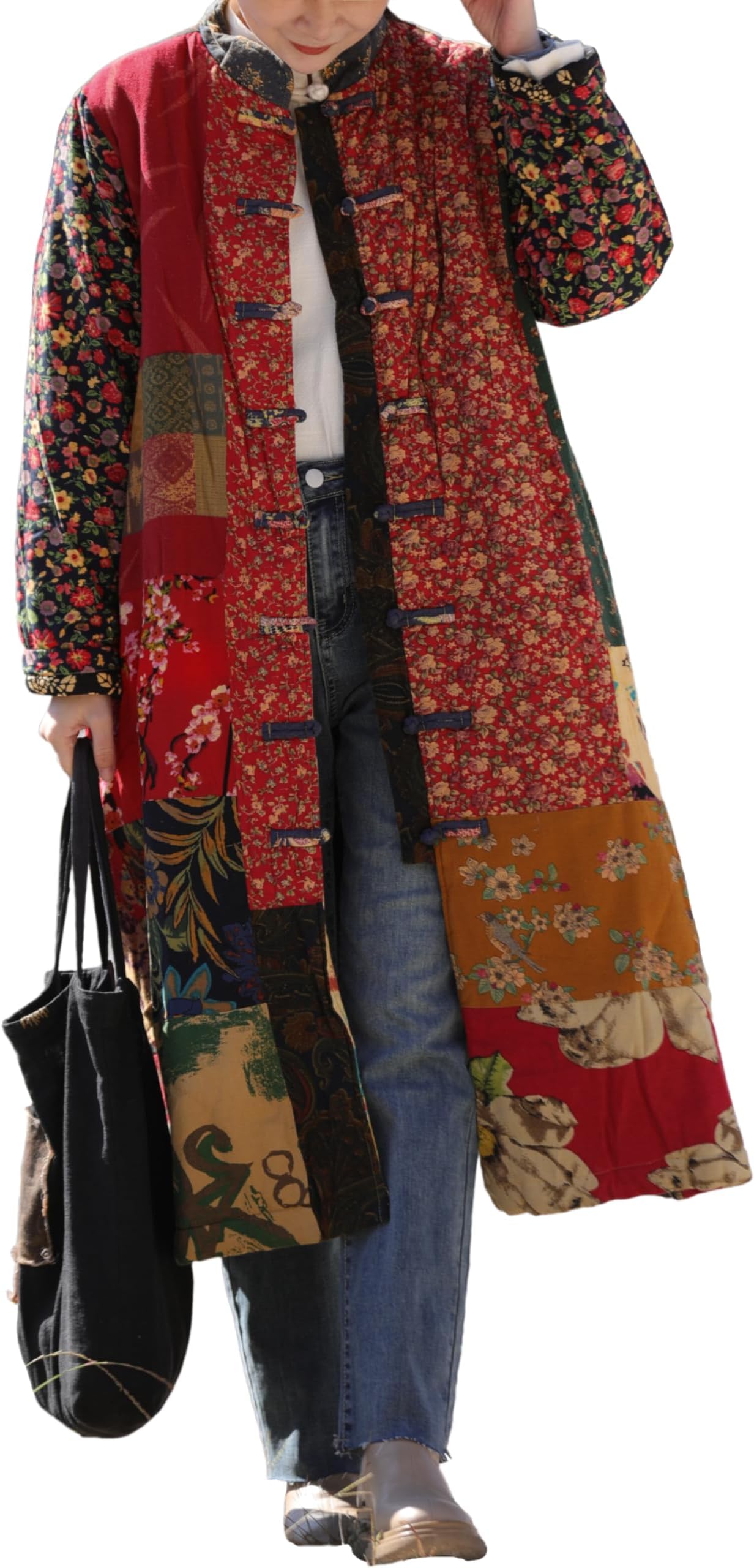 Women's Penny Lane Trench Coat Floral Patchwork Duster, Cotton Linen Frog Button Boho Cottagecore