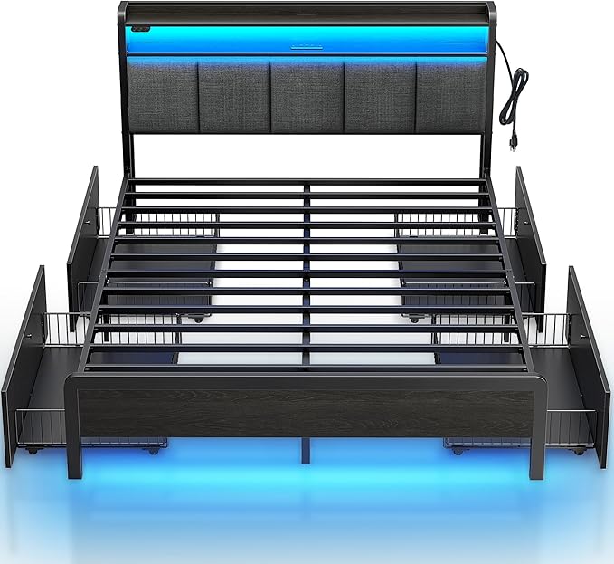 Rolanstar Queen Bed Frame with LED & Storage