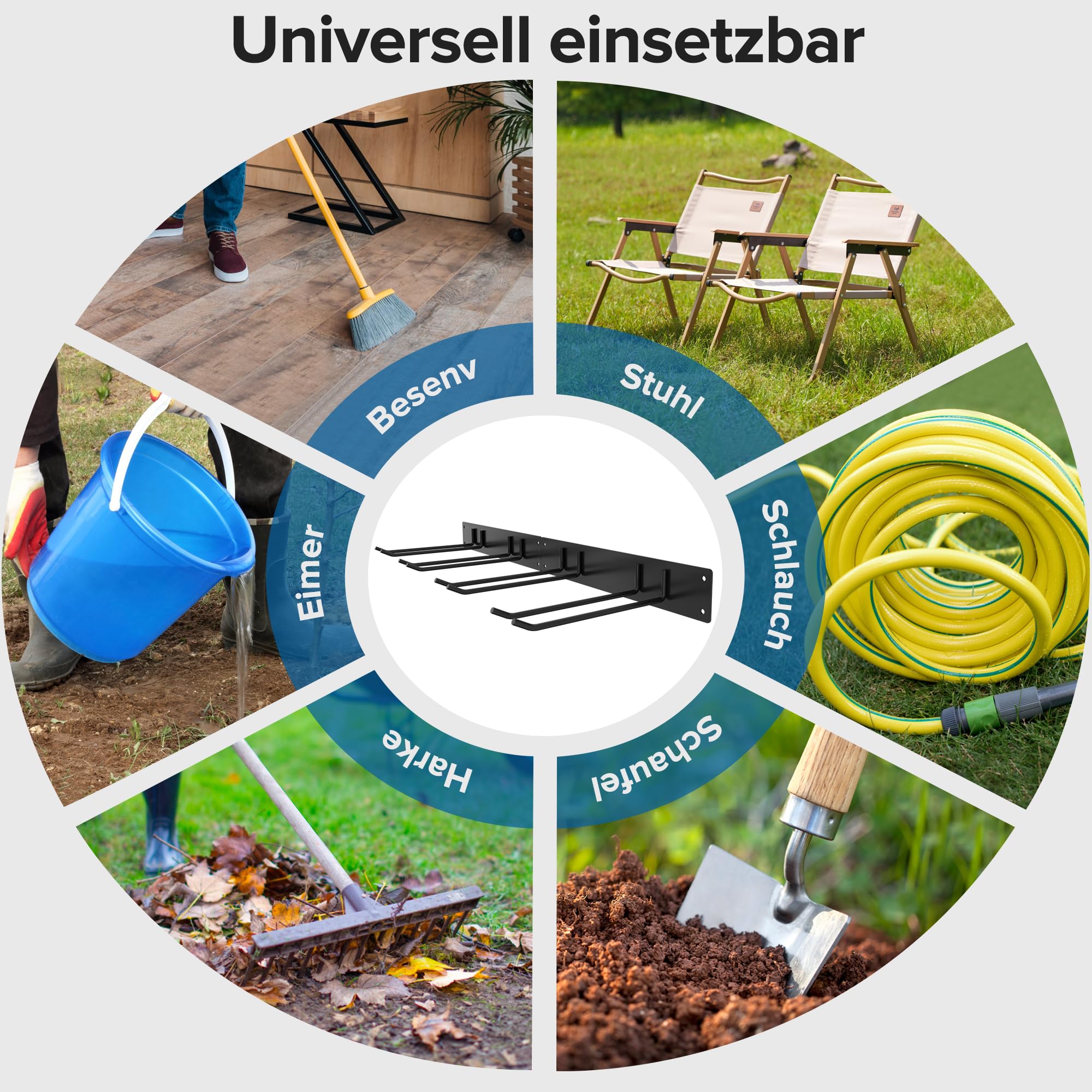 Urban Deco Metall-Gartengerätehalter, Gerätehalter Wandhalterung 150kg Tragkraft mit 4 Doppelhaken & 2 Paneele – Aufhängung für Gartenwerkzeug in Garage, Garten, Keller (Schwarz)