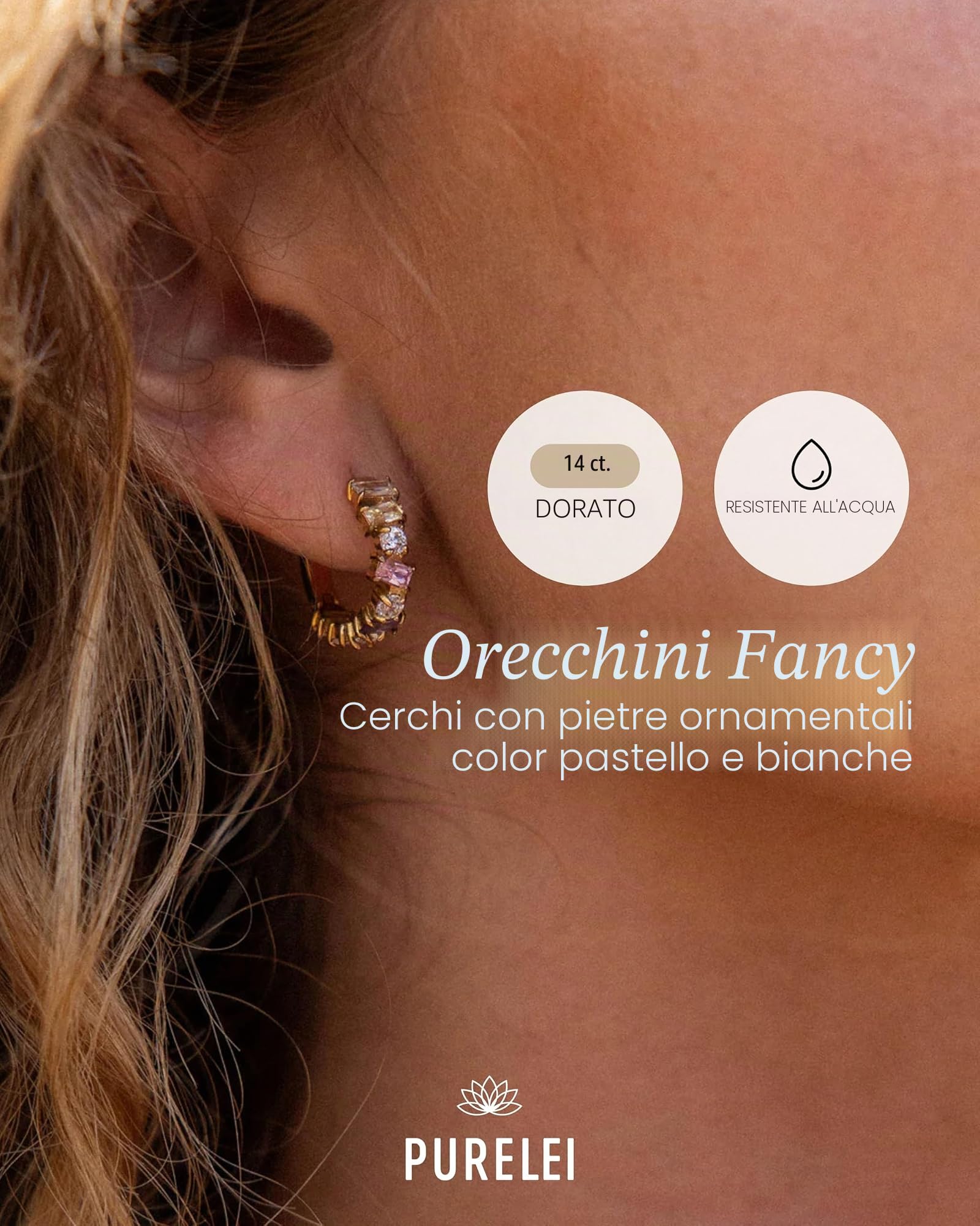Purelei Fancy - Orecchini a cerchio da donna, placcati in oro 18 carati o argento con zirconi pastello (bianco, giallo, rosa, viola), impermeabili, ipoallergenici, Ø 17 mm