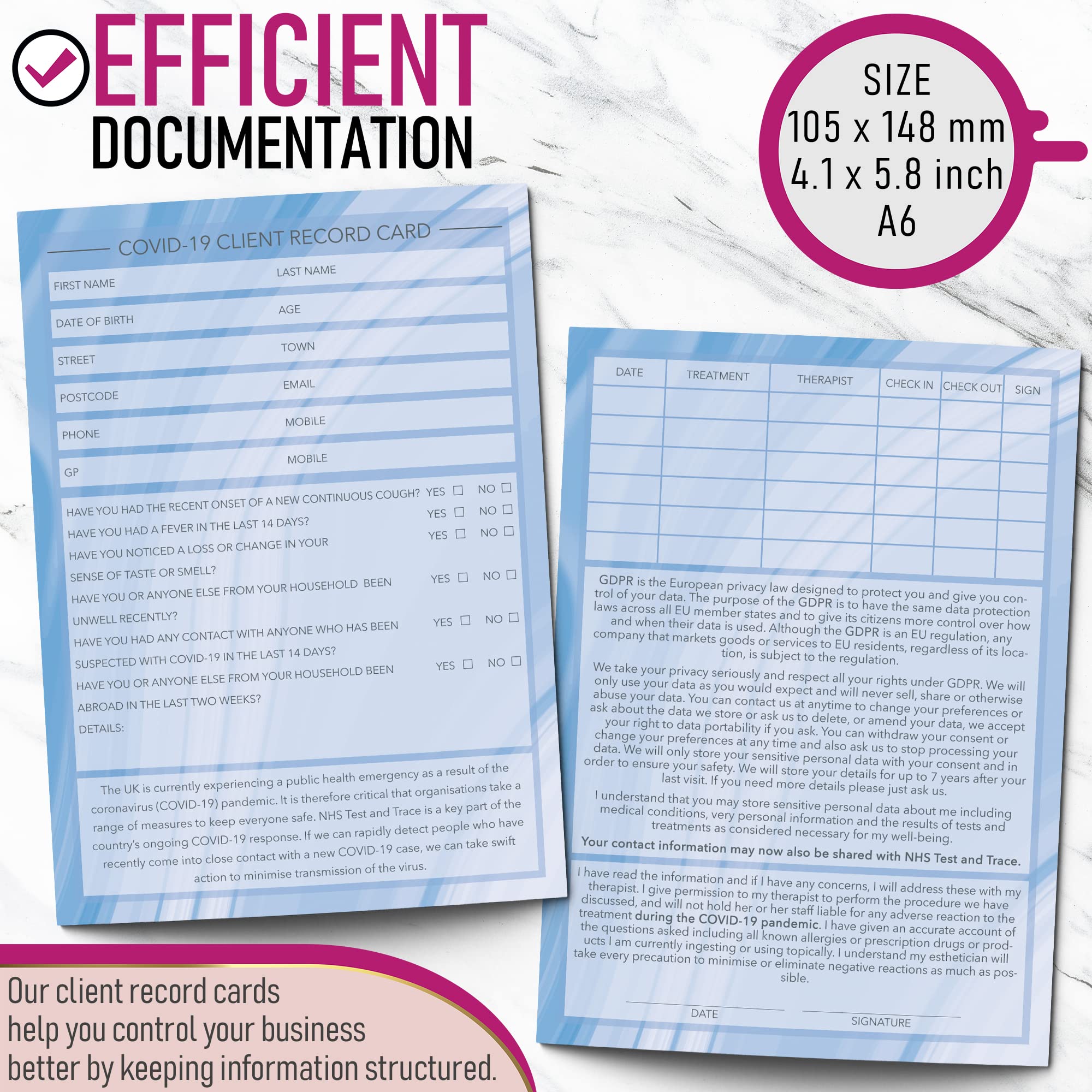 Covid-19 NHS Client Cards GDPR A6 Size - Salon And Therapist Customer Consultation Record - Treatment Services Essentials - Profile And Recording