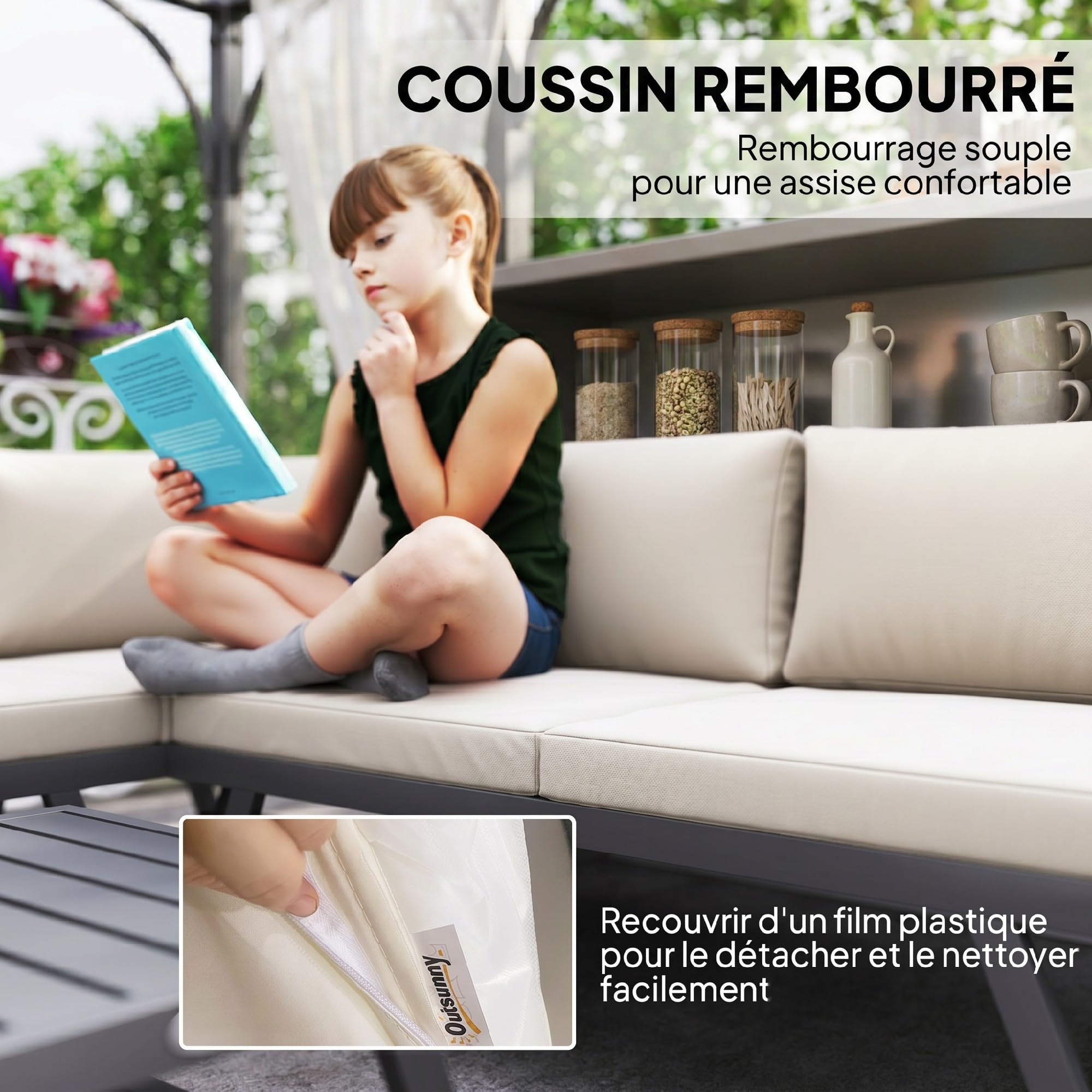 Outsunny Salon de Jardin Extérieur d'angle et Convertible 4 Pièces Beige | Mobilier de Jardin pour Terrasse Balcon, 2 Banquettes, 1 Fauteuil d'Angle, 1 Table Basse, Aluminium et Acier