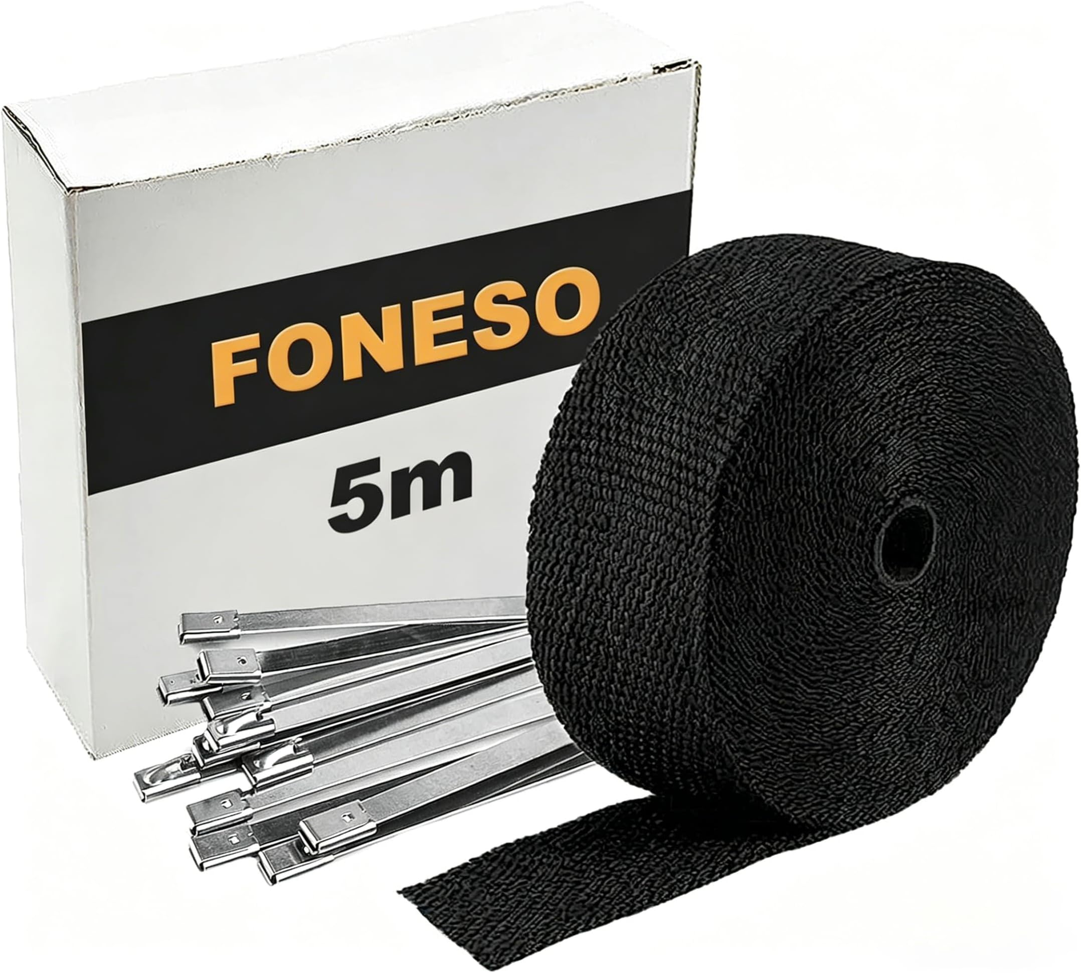 Car Exhaust Wrap, Foneso Exhaust Tape Bandage Titanium Black Fiberglass Heat Insulation Wrap Roll with 10 Pcs Stainless Steel Zip Ties, for Motorcycle Car Exhaust Pipes, Mainfold (Black, 1 Roll 5M)