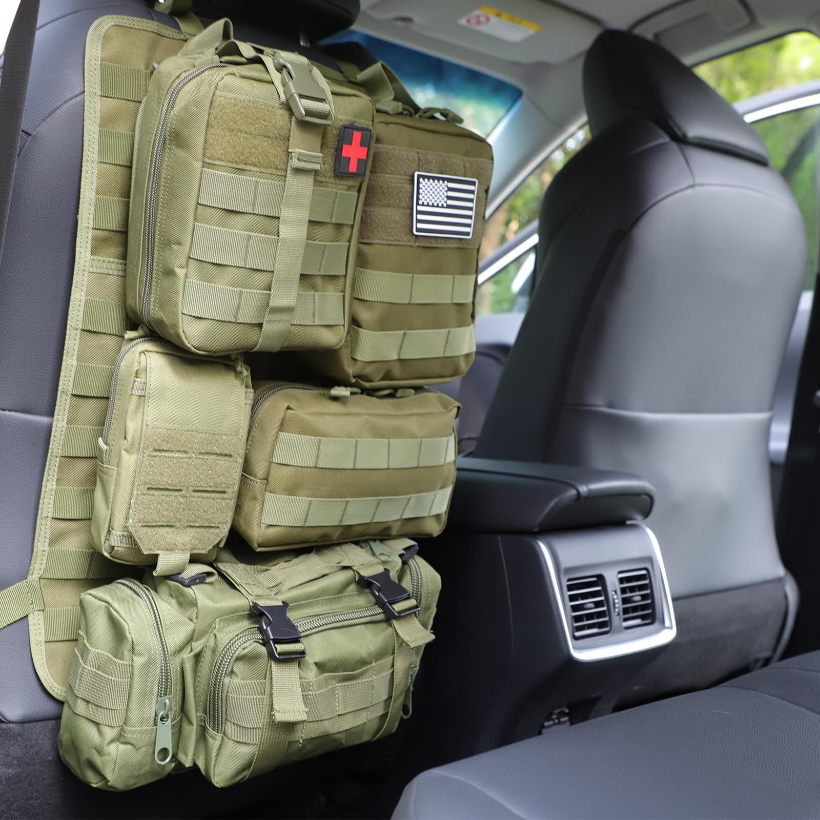 Jimikay Organiseur tactique pour dossier de siège de voiture avec sac à suspendre et 5 poches Molle détachables - Organiseur de panneau Molle pour véhicule - Sac de rangement universel pour la plupart
