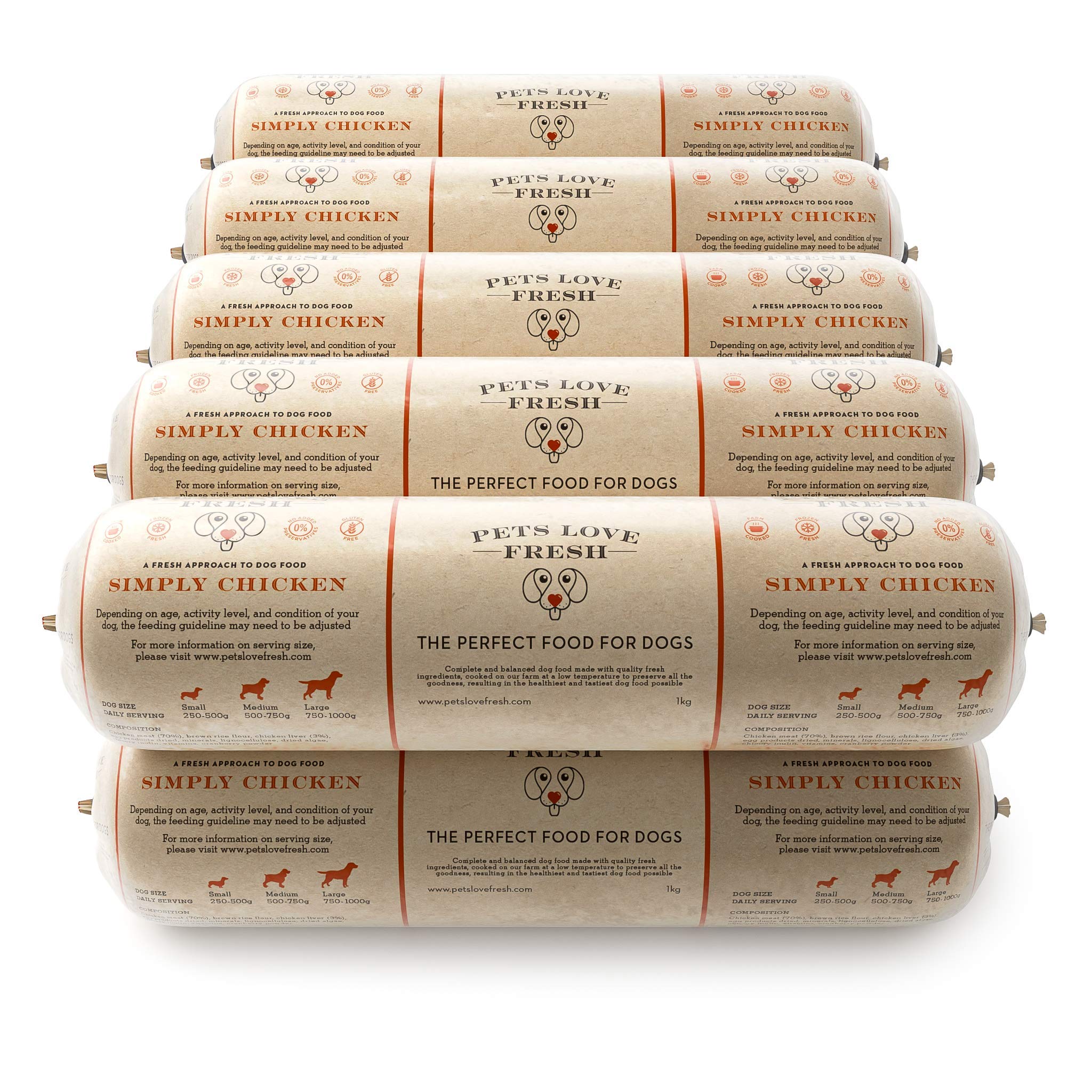 Healthy & Tasty Fresh Dog Food by Pets Love Fresh - 100% Natural - Real British Meat - Zero Preservatives - Simply Chicken (10 x 1kg chub rolls)