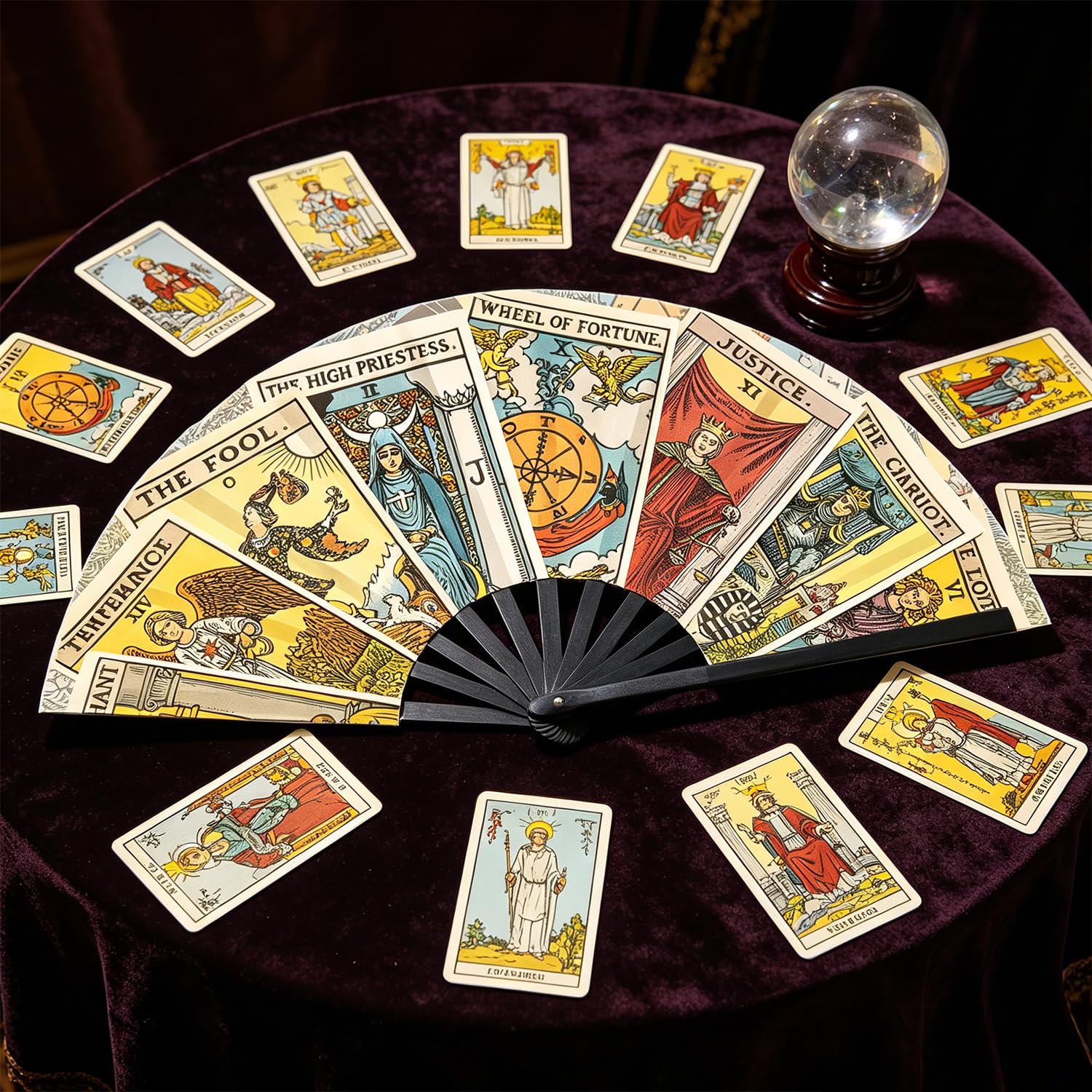 Éventail de tarot, éventail mystique avec motifs de cartes de tarot, pour festival, marché médiéval, cosplay et costume de fête, cadeau pour les amateurs de divination