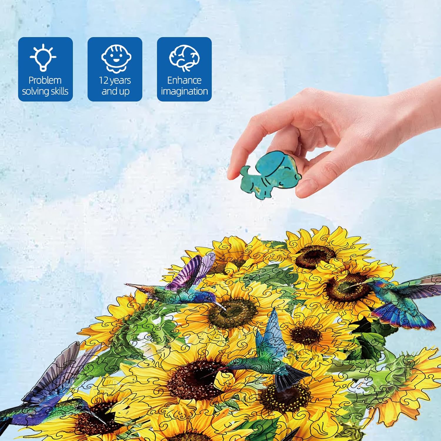 GLOBLELAND 200Pcs Sunflower Wooden Jigsaw Puzzles for Adults 14.2x11.2inch Hummingbird Wooden Puzzles Colorful Unique Animal Shaped Wood Puzzle for Holidays Birthday Gift