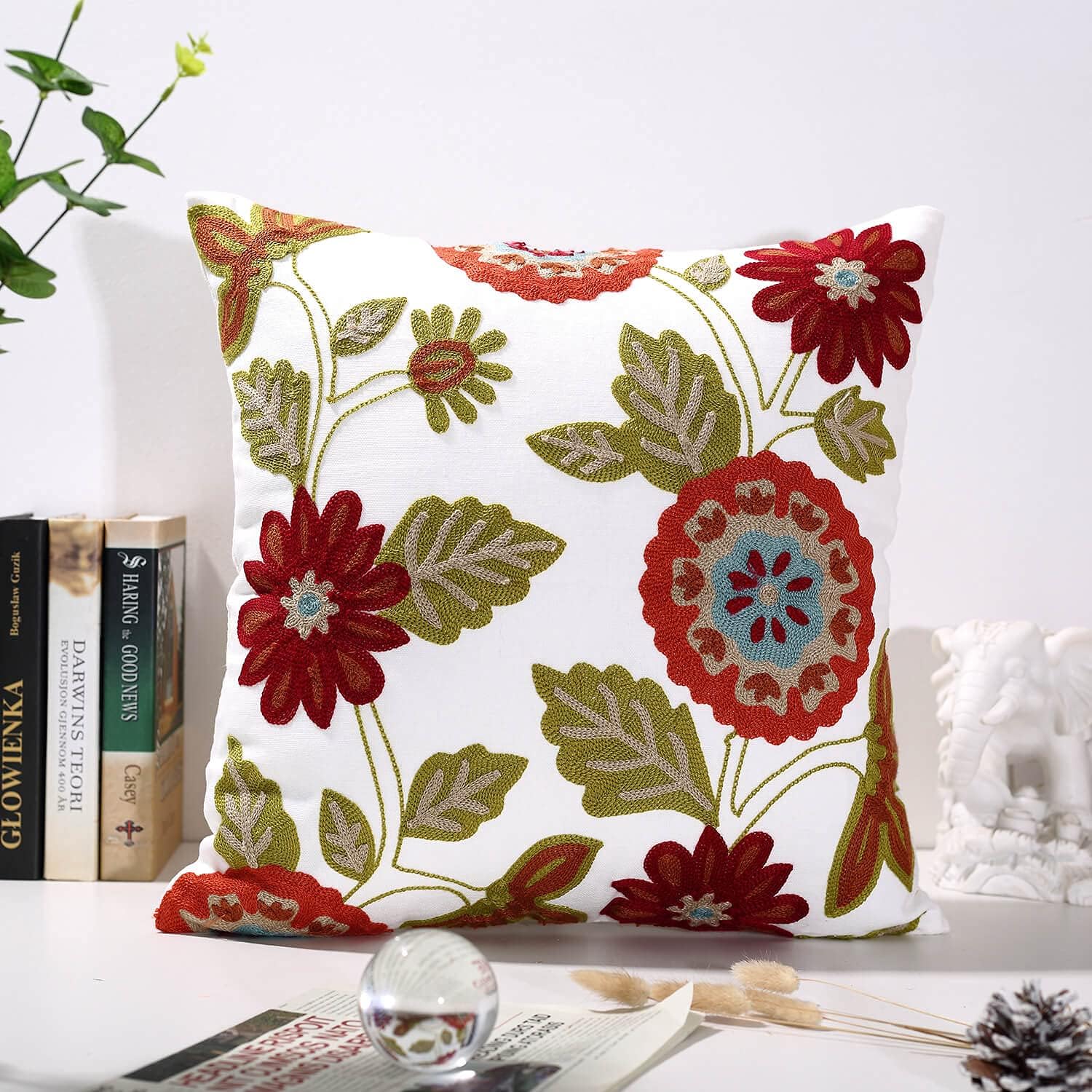 Throw Pillow Case Covers 18x18 inch Set of 2 Decorative Floral Embroidered Design on Solid Natural White Background for Couch, Sofa, Bed - Cushion Not Included