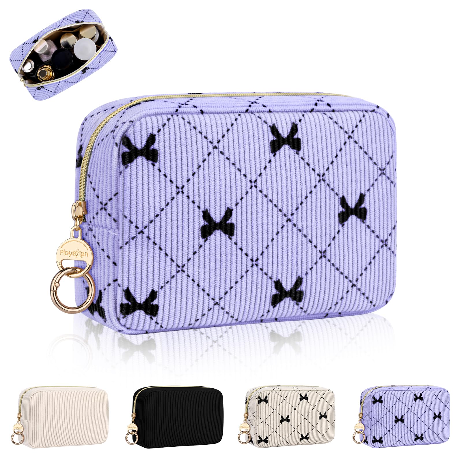Klein Kosmetiktasche Mini Kulturbeutel Cord Tragbare Schminktasche Damen für Make up Tasche Kleine Reisezubehör-Organizer Multifunktional Kosmetikbeutel Geldbeutel Kulturtasche(Helllila-Fliege)