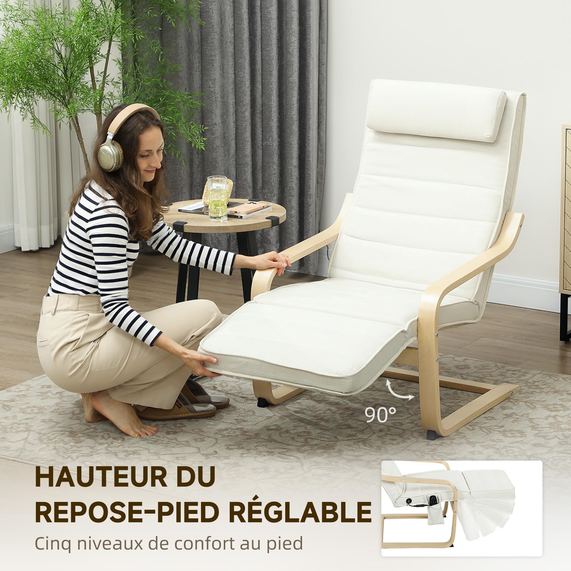 HOMCOM Fauteuil de Salon, Fauteuil Relax massant et Chauffant avec Dossier Haut, Appui-tête, Repose-Pieds réglable, télécommande et Poche latérale, Tissu Aspect Lin, pour Chambre Salon, crème