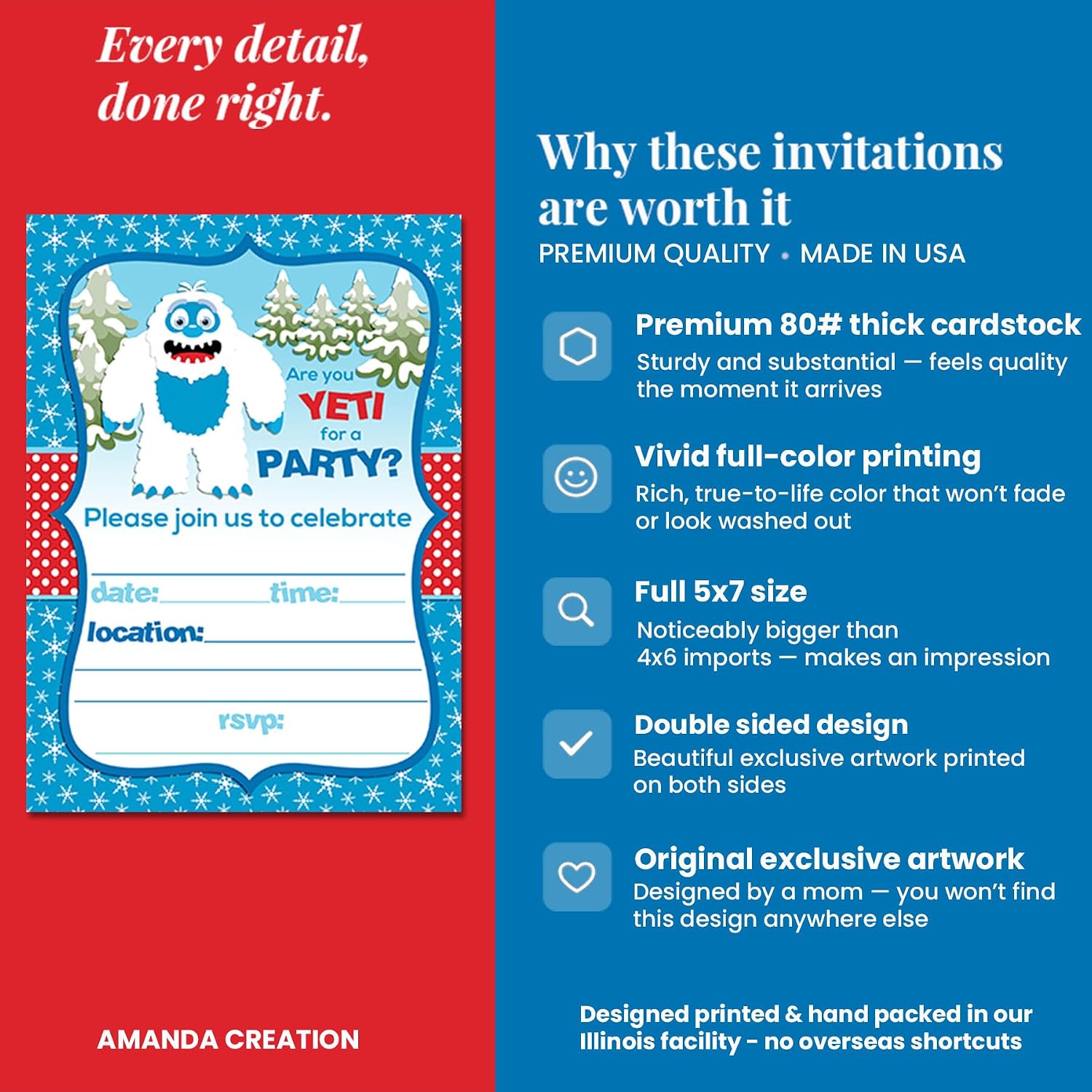 Abominable Snowman, Adorable Yeti Winter Birthday Party Invitations, 20 5x7 Fill In Cards with Twenty White Envelopes by AmandaCreation