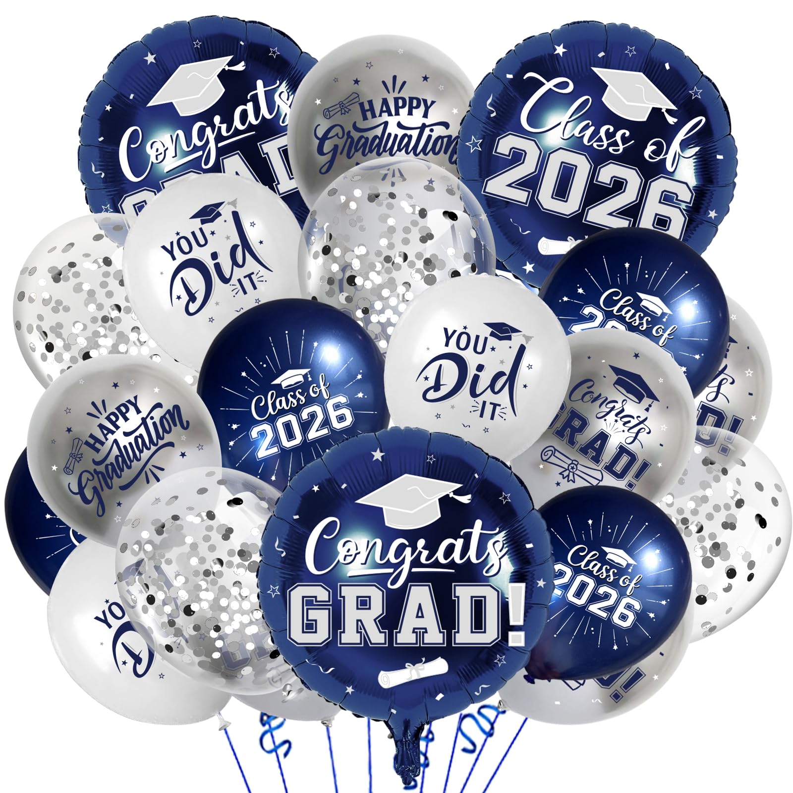 Photo 1 of Navy Blue and Silver Graduation Balloons Graduation Decorations 2026, 51Pcs Grad Latex Balloons and Grad Foil Balloon with Confetti Ribbons Grad Party Decorations for College High School