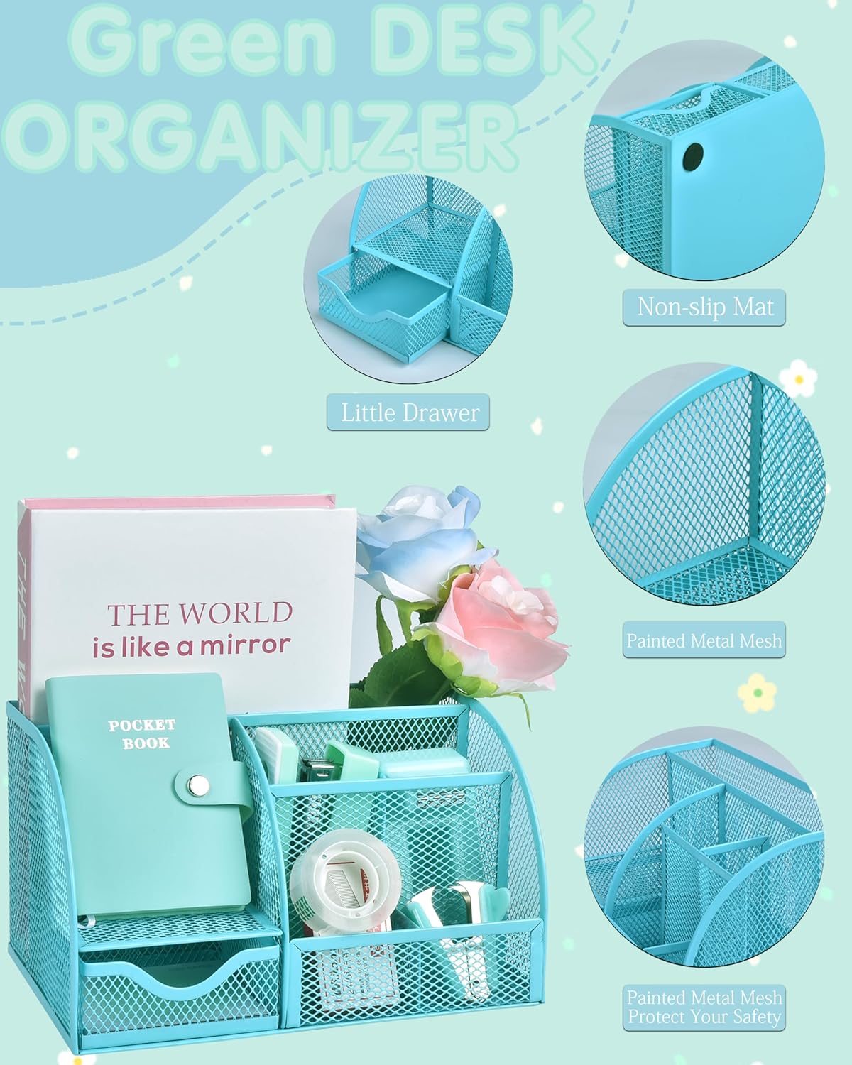 Green and Blue Desk Accessories, 26Pcs Office Supplies and Desk Organizers, with Tape Dispenser, Stapler, Staple Remover, Ect, Gift Box Packaging