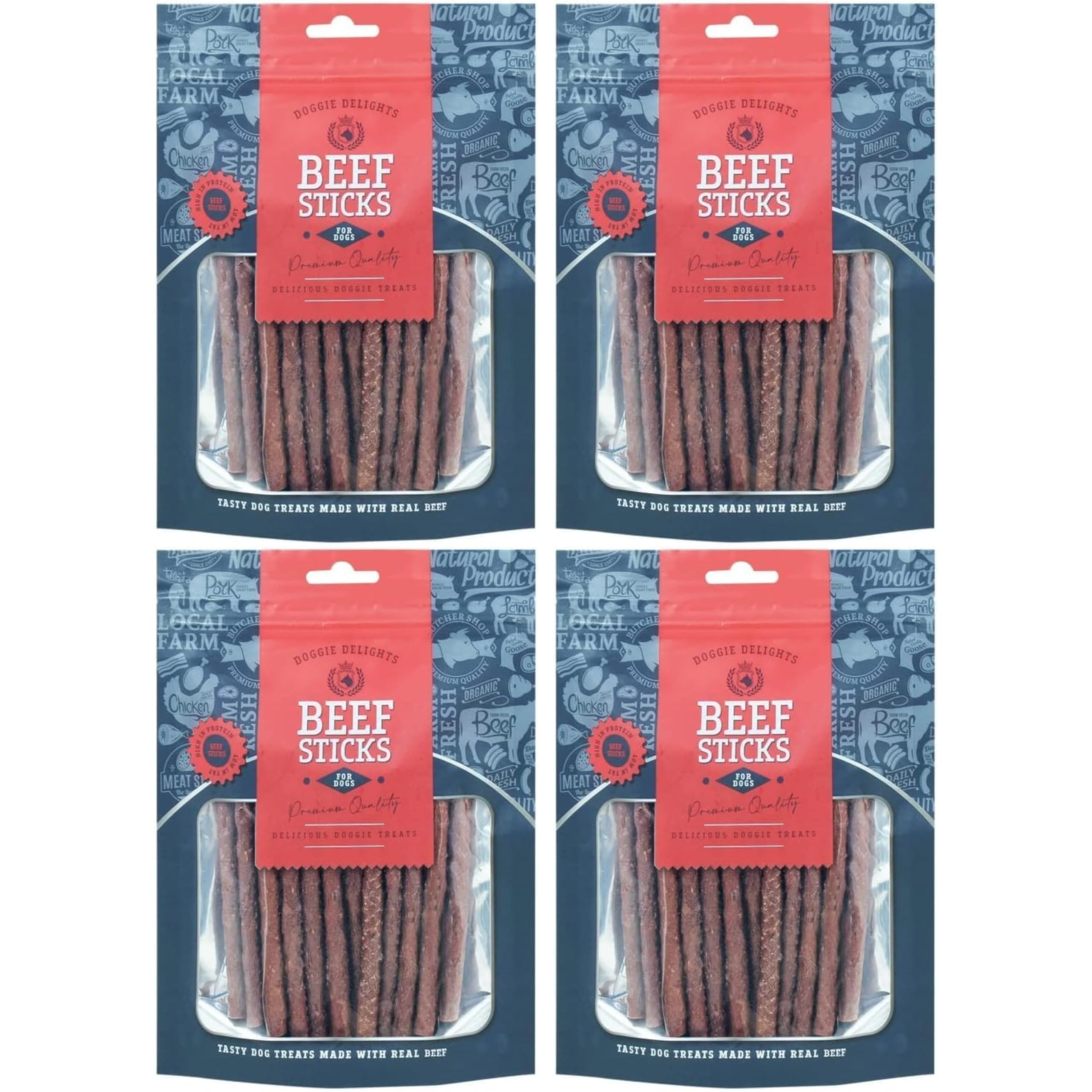 Doggie Delights Dog Treats Premium Quality Delicious Doggie Healthy Treats For Dogs Low in Fat Real High In Protein Pack of 4 x 190g (Beef Sticks)