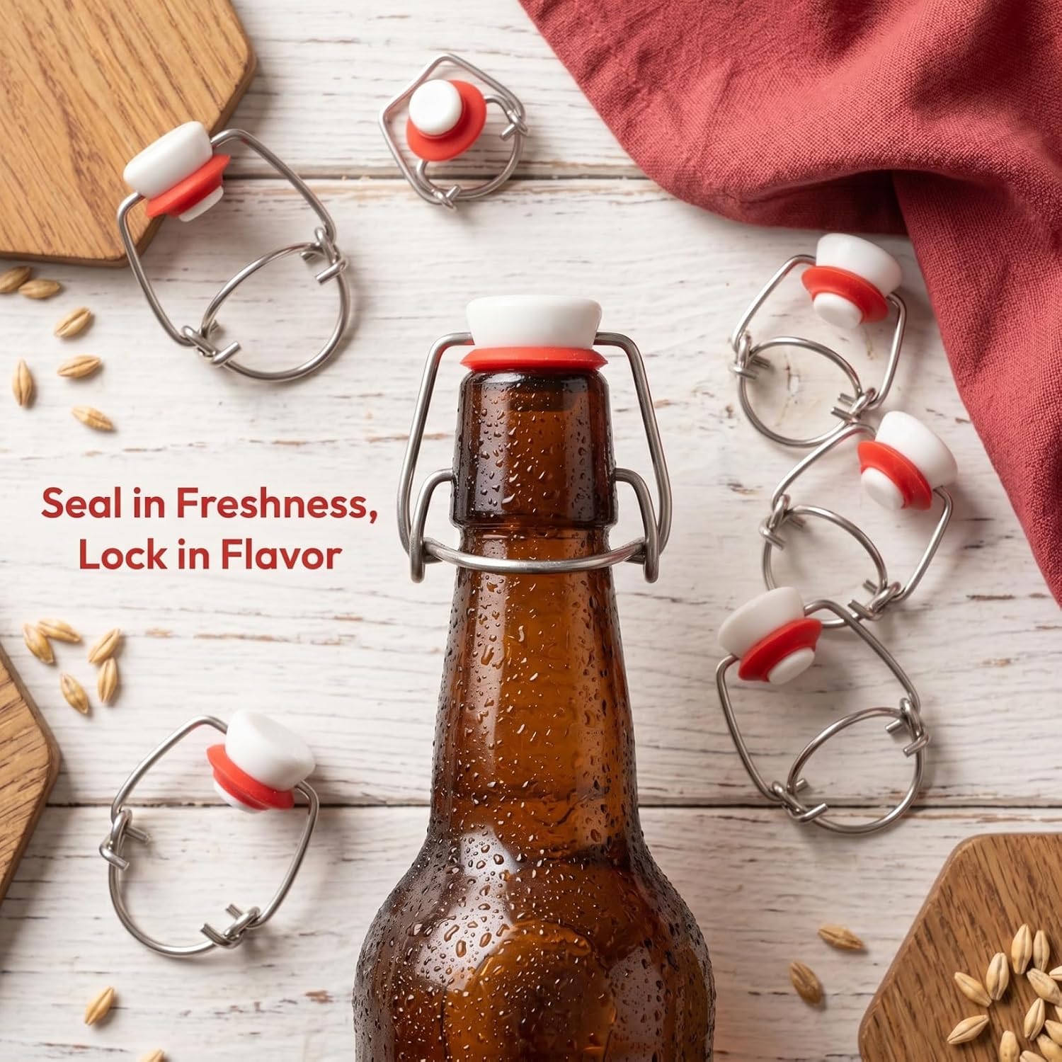 6Pcs Swing Top Bottle Caps for Glass Beer Bottles Airtight Flip Stoppers Reusable Wire Swing Caps for Home Brewing and Beverage Sealing
