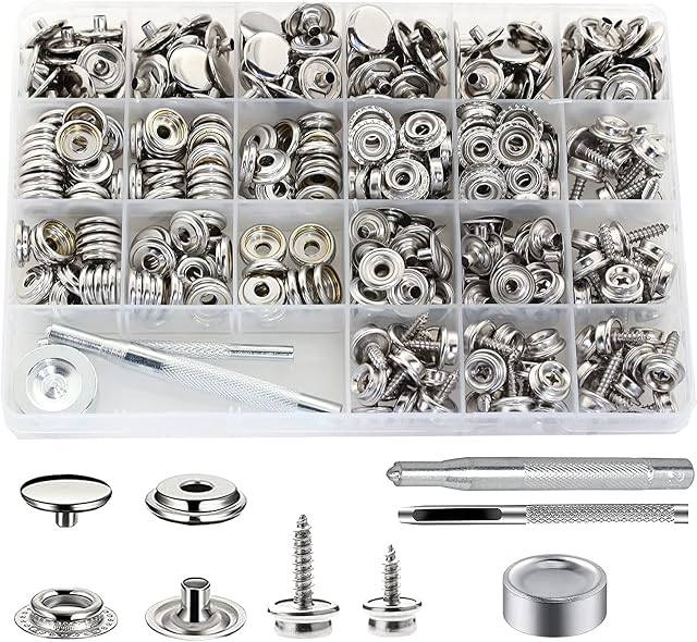350 Pieces Snap Fastener Kit, BetterJonny Stainless Steel Screws Snaps Marine Grade Canvas Upholstery Boat Snaps Fastener Press Stud Cap with 3 Setting Tools Material Hole Punch for DIY Cover Leather