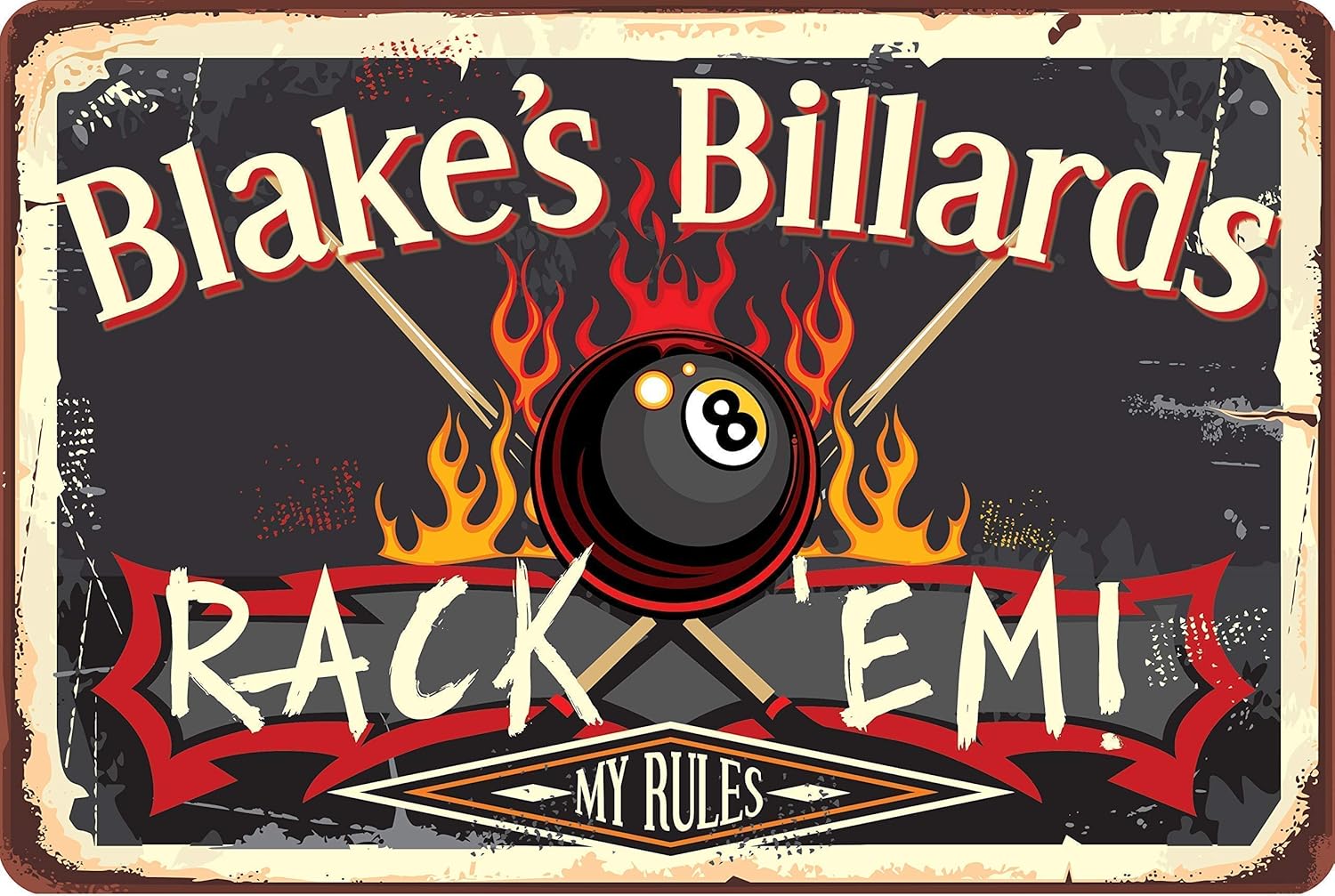 Personalized Rack 'Em Billiards Sign - Great Pool Room and Sports Game Sign, Retro Vintage Pool Table Home Decor, Custom Gift for Billiard Players, 8x12 or 12x8 Use Indoor or Outdoor Metal Sign