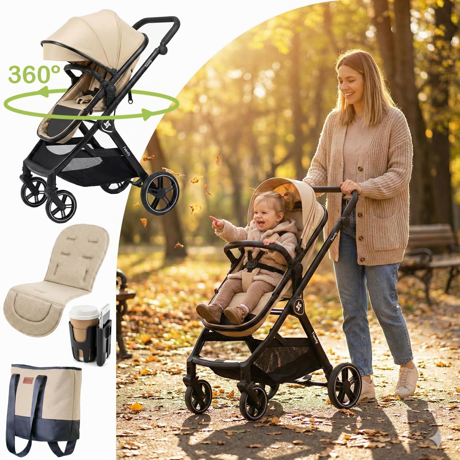 FABULY Twinly Kinderwagen 3 in 1 Komplettset – Leichter Kombikinderwagen ab Geburt – Beige