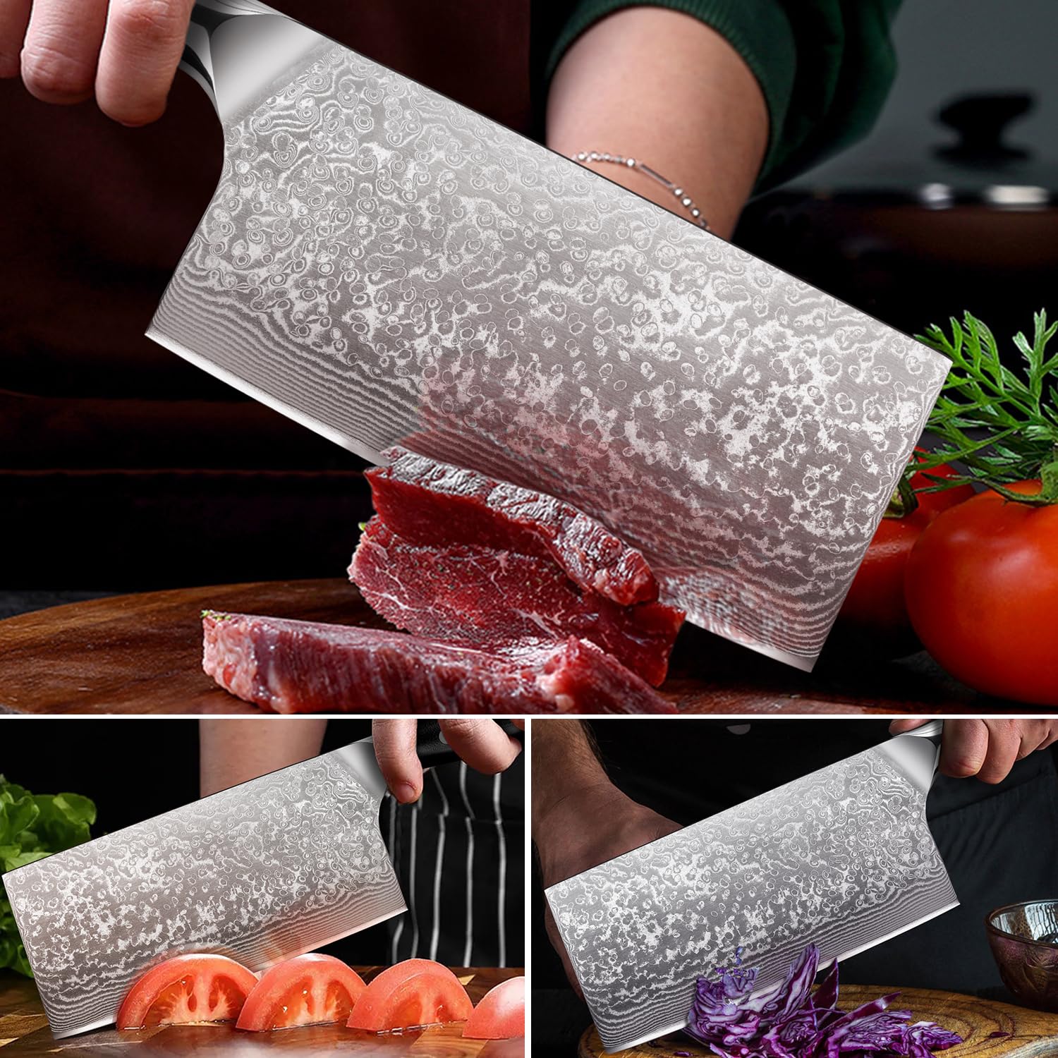 Home Safety Coltello Damasco Coltello da Carne - Mannaia Cinese Damasco 17,5 cm Lama in 67 Strati di Acciaio Damasco con Manico in G10 - Affilato e Bilanciato
