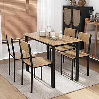 KU Syang Small Dining Table and 4 Chairs, Dining Table and Chairs Set 4 Piece Dining Room Sets, Dining Table of 105 x 60 x 76cm, 4 Chairs of 36 x 36 x 80cm, Space Saving, Walnut Brown