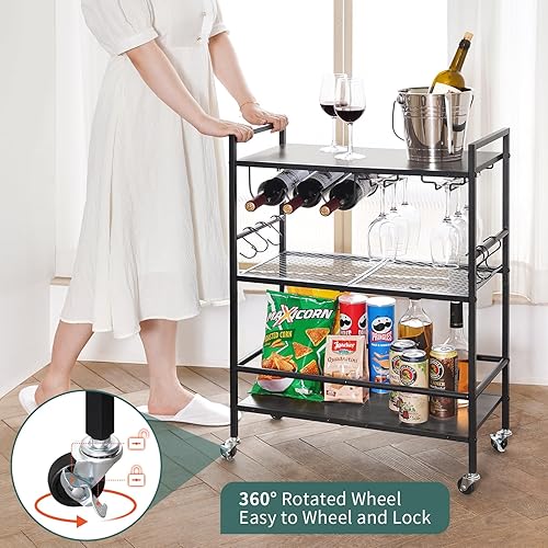 Miniatura 6 de Yoobure Carrito de bar con ruedas, carritos de bar para el hogar, carrito de cocina rodante de 3 niveles con estante para vino y soporte para