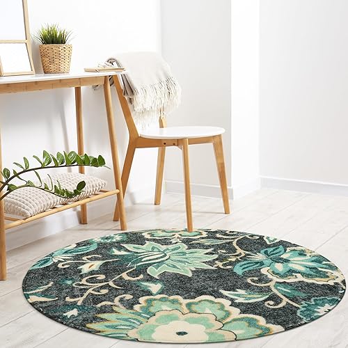 Miniatura 7 de Lahome Alfombra redonda lavable floral de 3 pies, alfombra redonda pequeña y bohemia para dormitorio, antideslizante, resistente a las manchas, para
