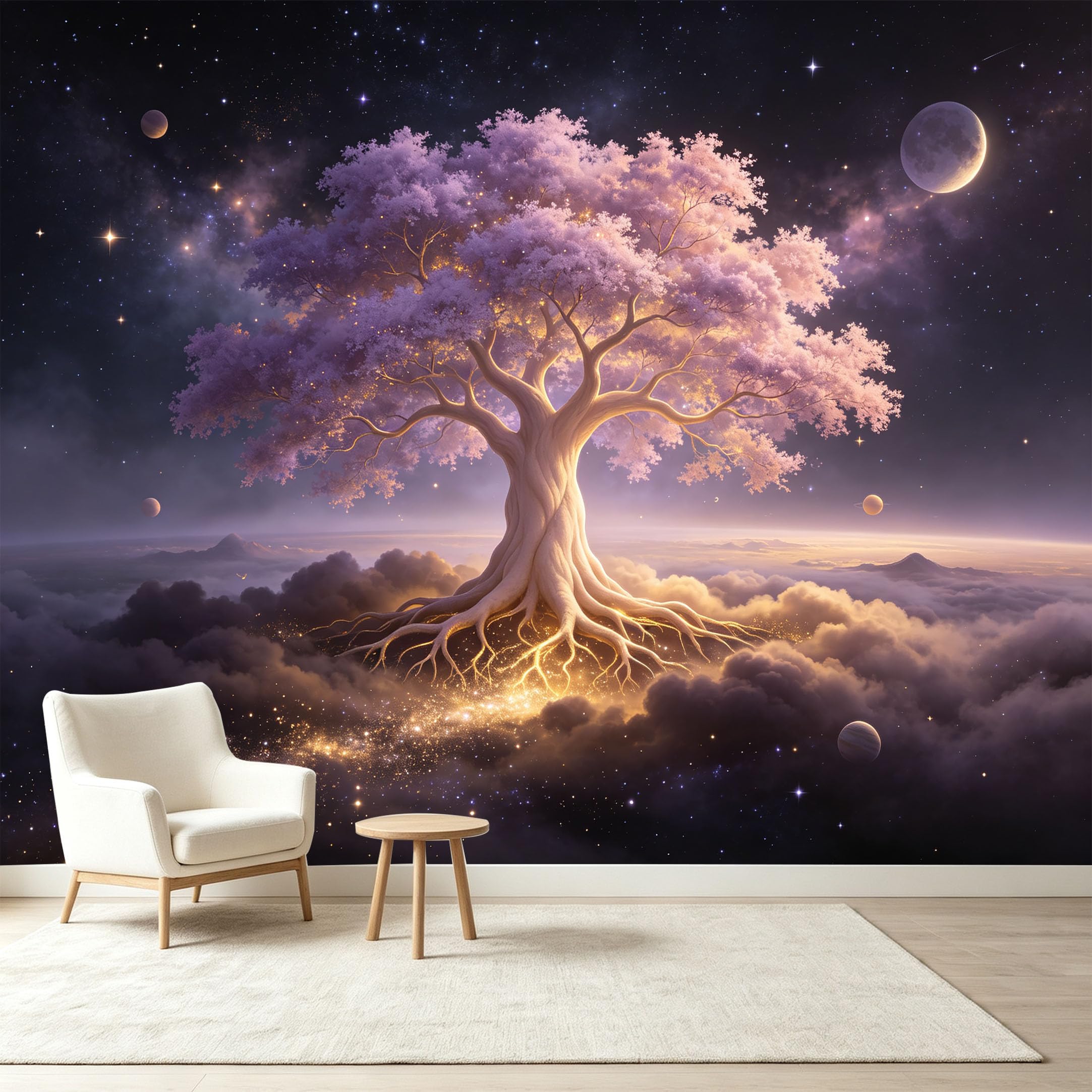 Custom Size Wall Murals Cosmic Ancient Tree Nebula Galaxy Wall Art Self-Adhesive Wall Fabric Removable Wallpaper Wall Decor for Living Bedroom