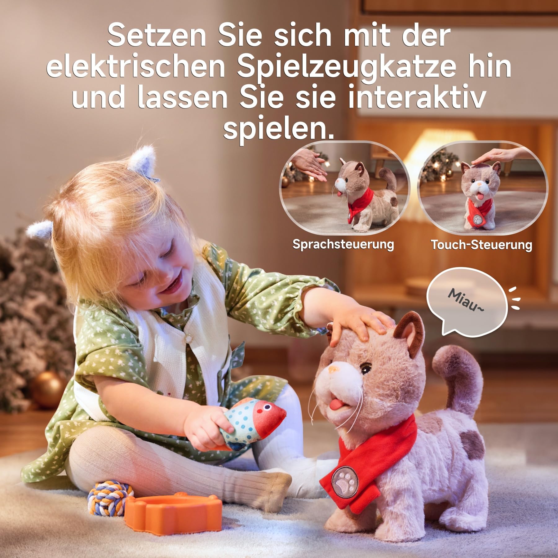 TUMAMA KIDS Elektronische Haustiere, Katze Spielzeug Kinder, Roboter Kuscheltier Plüschtiere Katze, Spazierengehen, Singen, Zunge lecken, Leine fernsteuern, Spielzeug ab 3 jahr, Geschenk Mädchen Junge