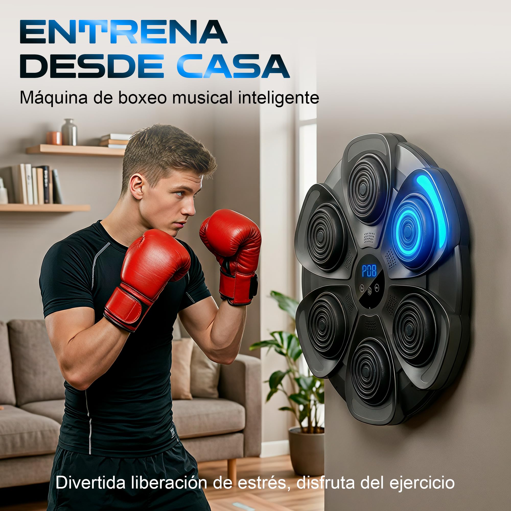 Unicview Máquina de Boxeo Musical Inteligente con Luces RGB, Bluetooth 5.0 y Pantalla LED, Entrenador de Reacción con Múltiples Modos y Velocidades, Montaje en Pared, Incluye Guantes