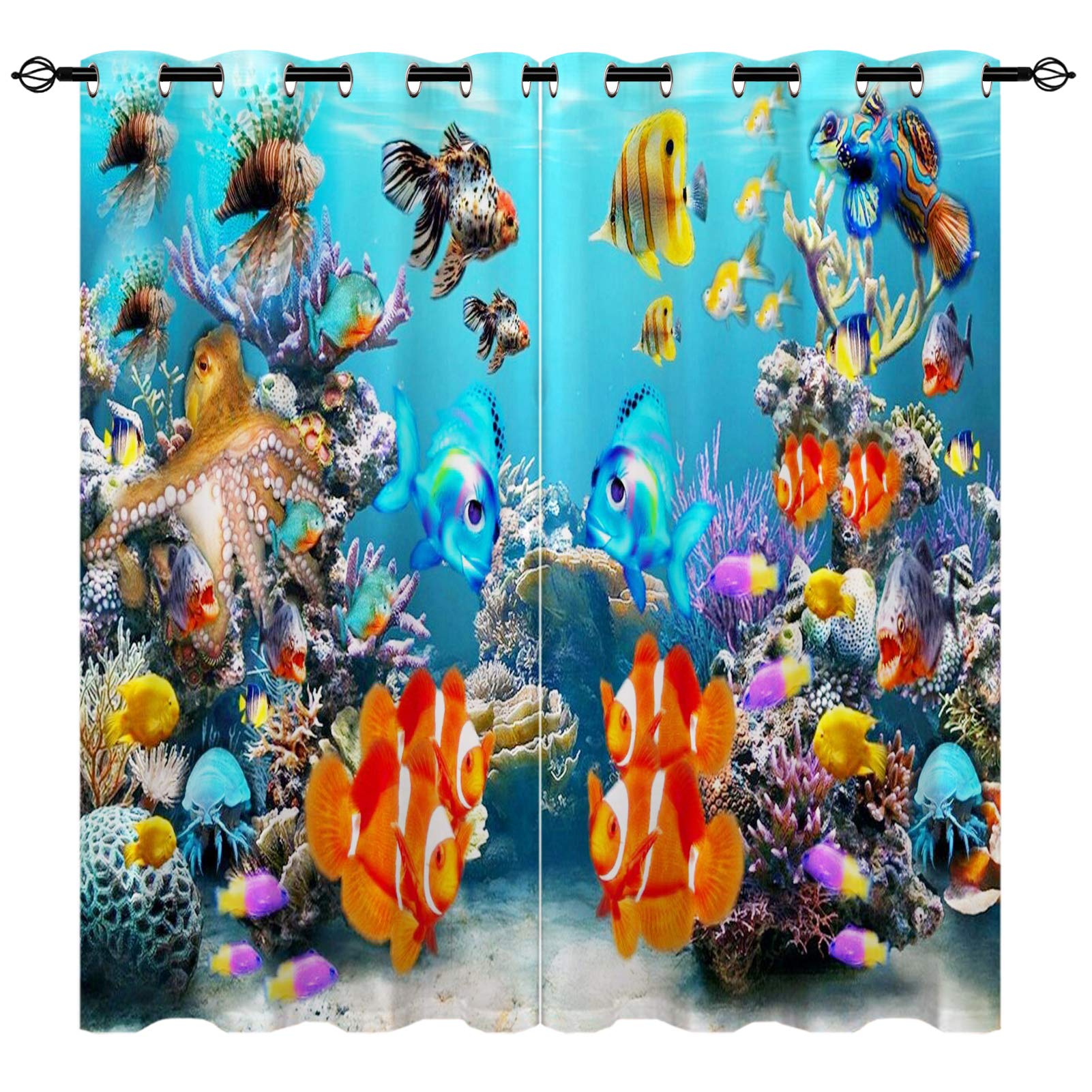 YUANZU Kids Ocean Curtains, Underwater Tropical Fish Octopus Coral Art 3D Pattern Eyelet Printed Kids Bedroom Playroom Window Drapes Blackout Fabric, 2 Panels W168cm (66") x D137cm (54") โ image 1