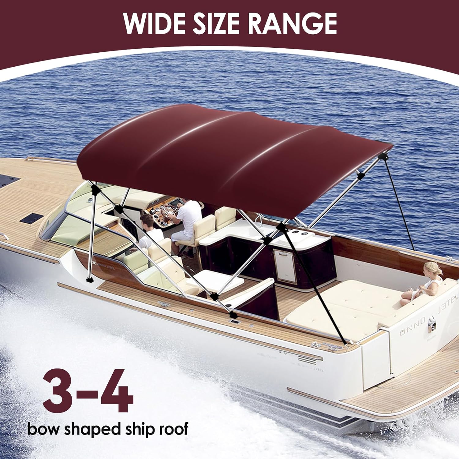 Bimini Boat Top Cover Sun Shade 3-4 Bow Boat Canopy Includes 4 Straps 2 Rear Support Poles Mounting Hardwares Storage Boot with 1" Aluminum Frame (Burgundy, 4 Bow 8'L x 54" H x 67"-72" W)