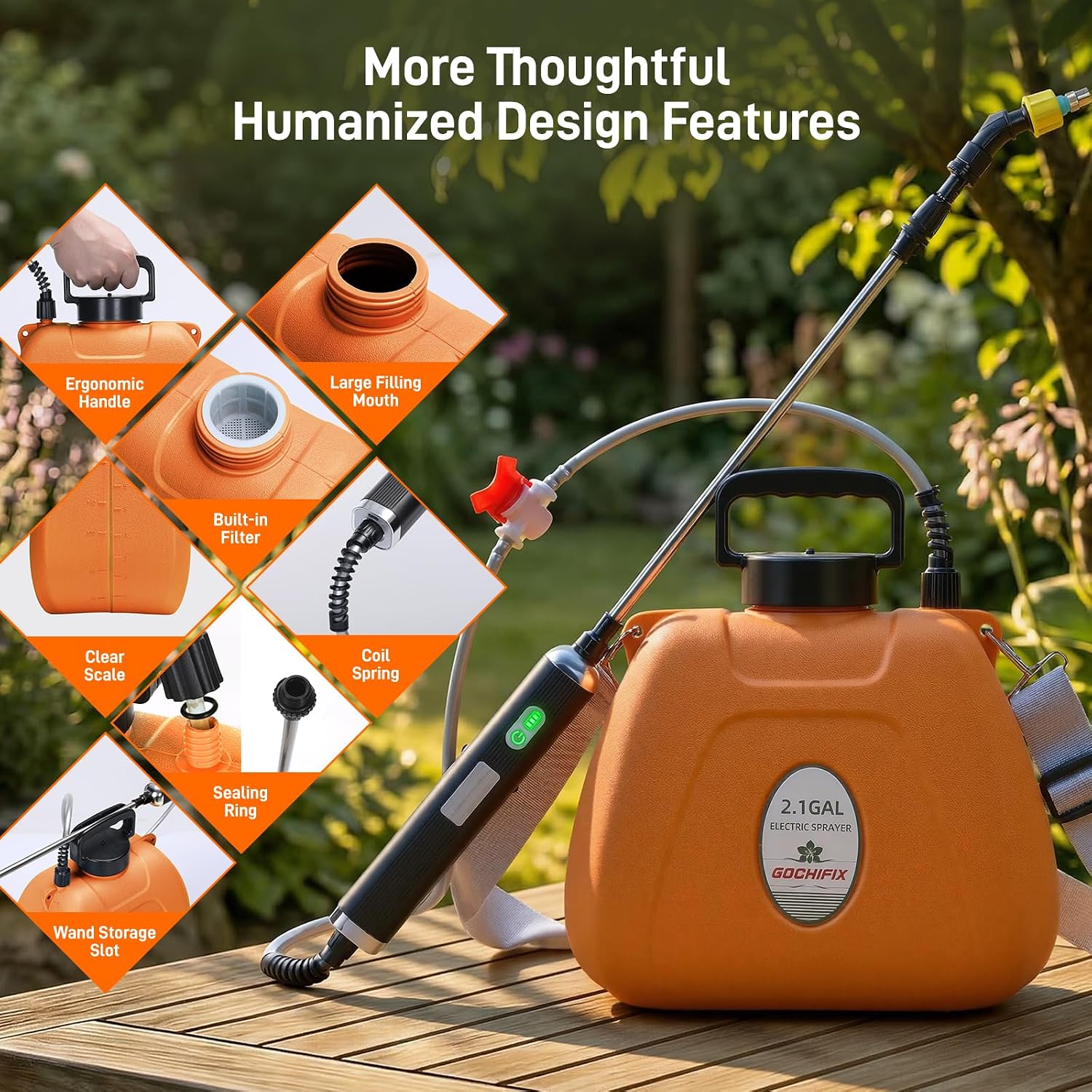 Electric Garden Sprayer 2.1 Gallon, Battery Powered USB Rechargeable Handle w/Indicator, 4 Spray Nozzles, Shut-Off Valve, Retractable Wand, Adjustable Strap, Plant Mister for Lawn Garden