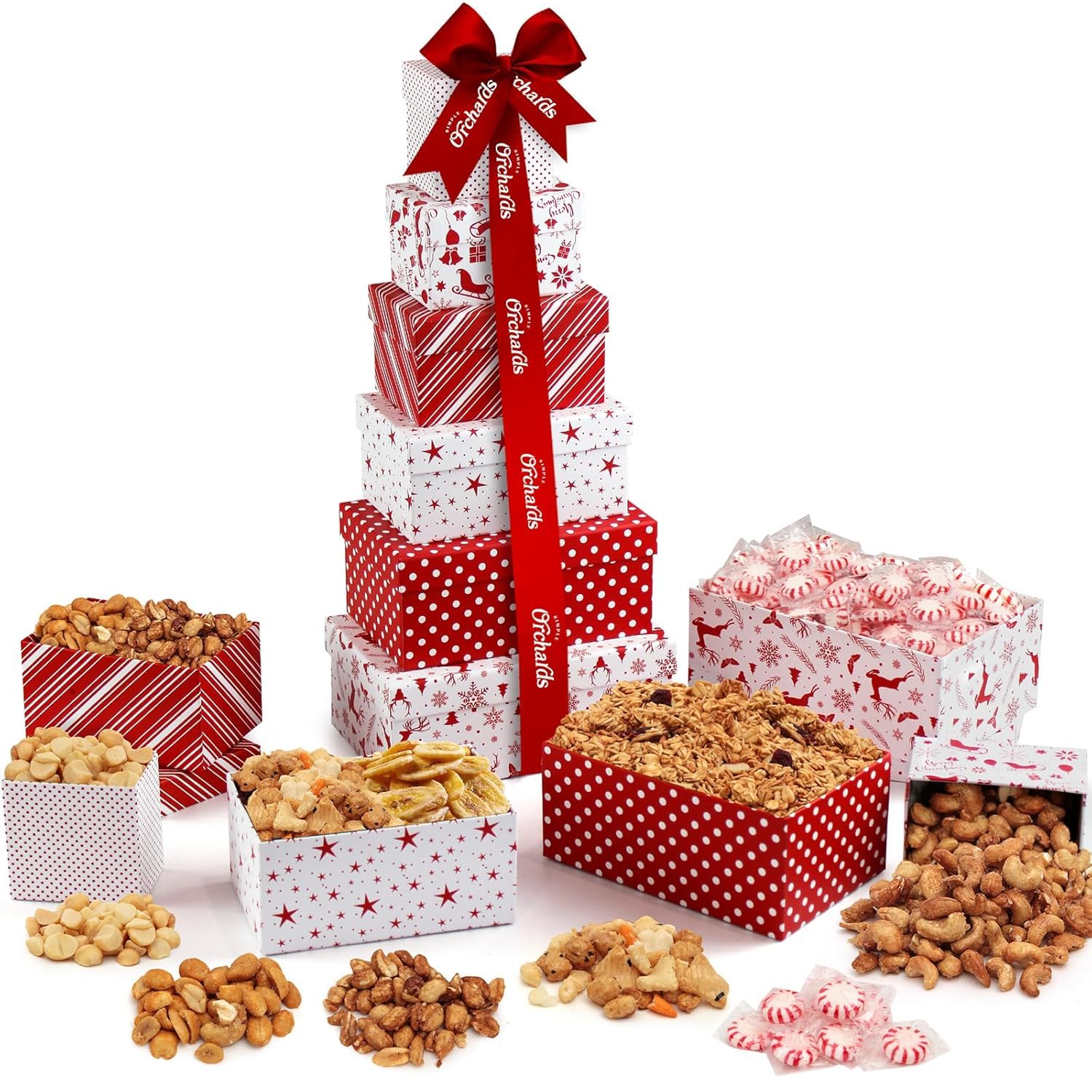 Christmas Gift Basket with Fresh Nuts & Snacks, Gourmet Cravings Indulgence - 6 Tier Food Basket Gift Set, Great Christmas Gift Present for Men & Women.